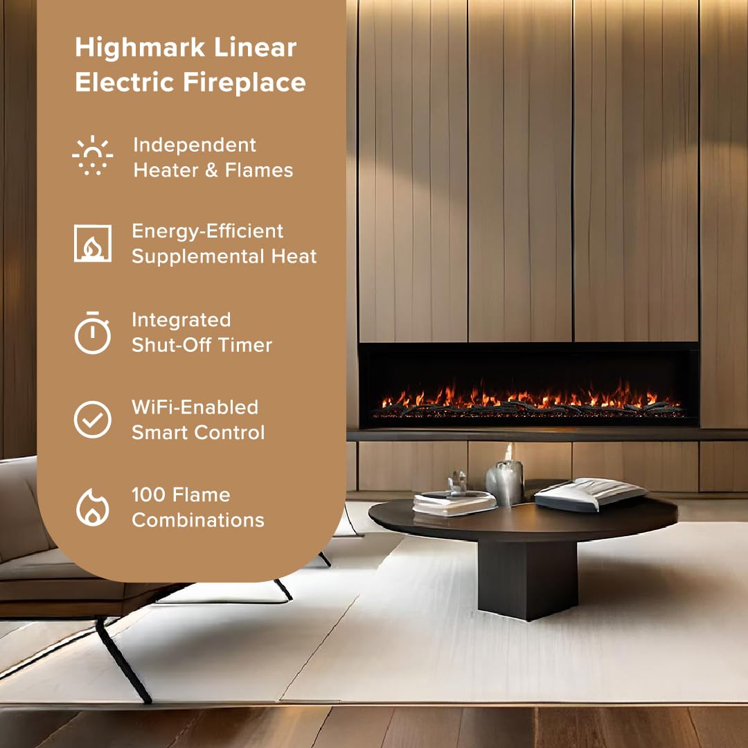 Highmark 72 Inch Smart Linear Electric Fireplace - Premium Flame with 10 Colors, Sleek Hidden Vent Design, Install Recessed in-Wall or Wall-Mount, WiFi Enabled.