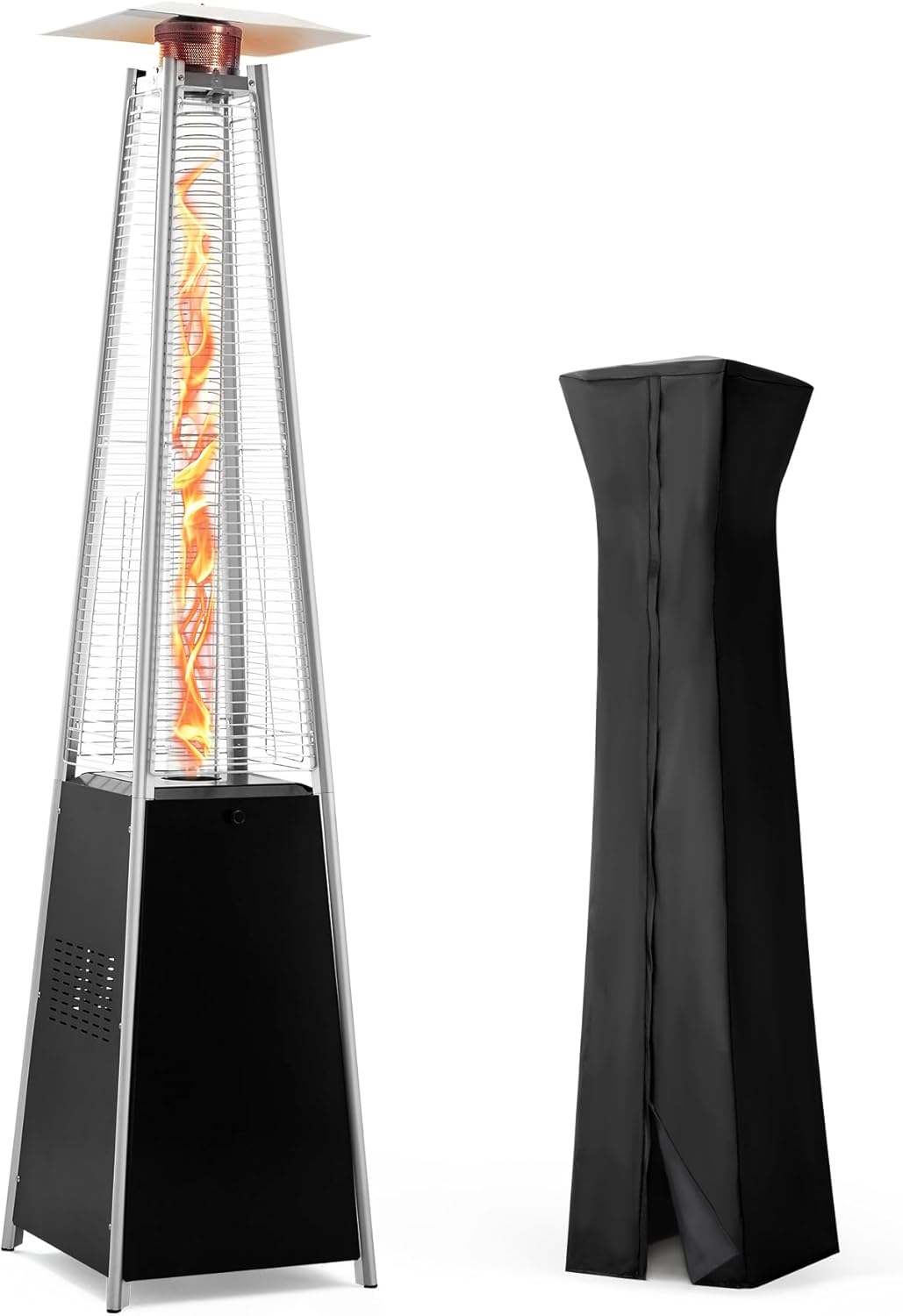 48,000 BTU Flame Pyramid Pool Heater With Cover, Triple Safety Protection Portable Patio Heater with Patio Cover, Warm Glass Tube with Durable Wheels-Black