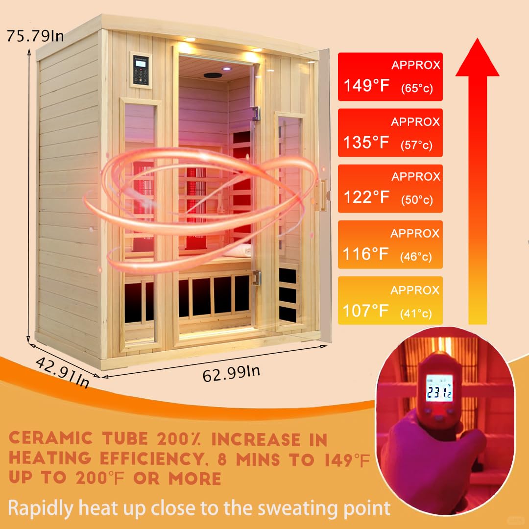3 Person Infrared Sauna Ceramic Infrared Sauna w/Red Light Therapy | Far & Near Infrared Sauna Indoor, Low EMF Infrared Saunas for Home, Hemlock Deluxe Glass Home Sauna with Granite Backdrop