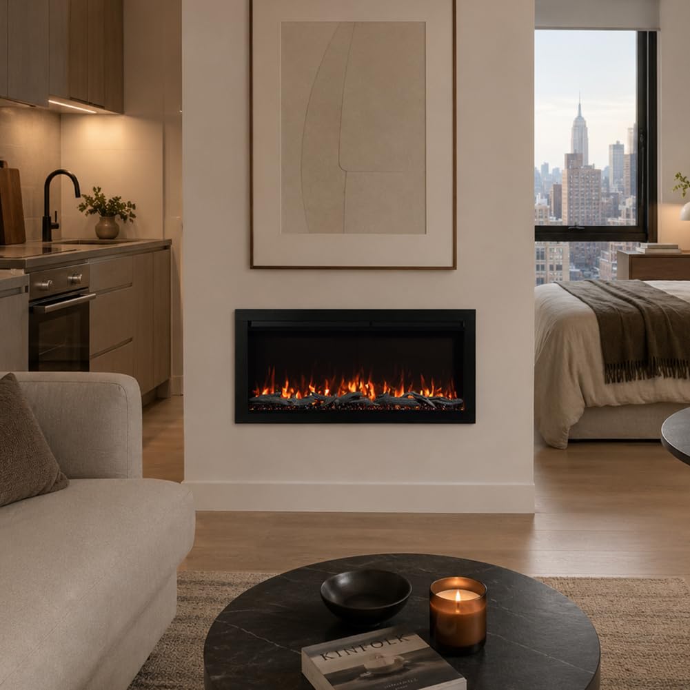 Highmark 72 Inch Smart Linear Electric Fireplace - Premium Flame with 10 Colors, Sleek Hidden Vent Design, Install Recessed in-Wall or Wall-Mount, WiFi Enabled.