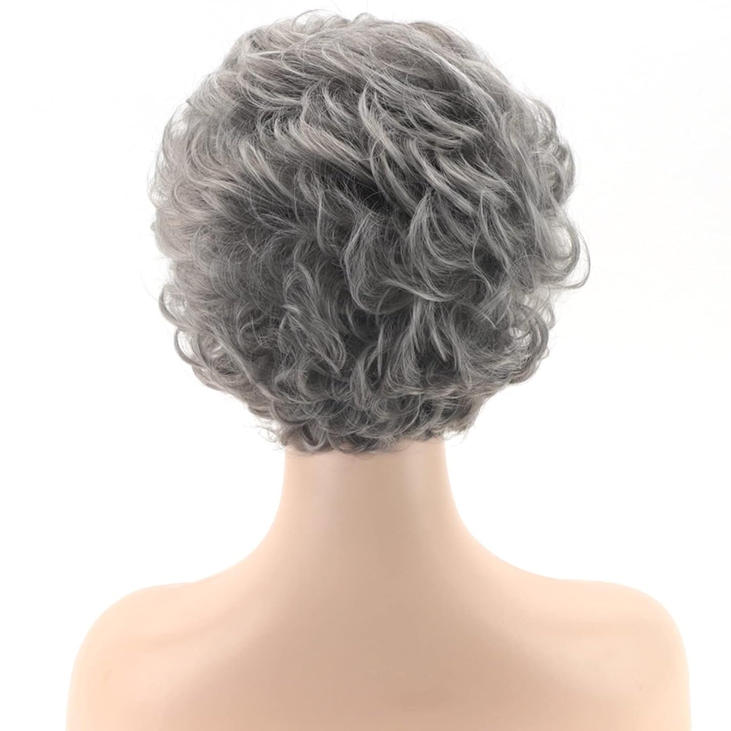 TISHINING Short Grey Curly Wigs for White Women Layered Silver Gray Pixie Cut Synthetic Full Wig with Bangs Natural Looking Daily Party Wigs for Older Women