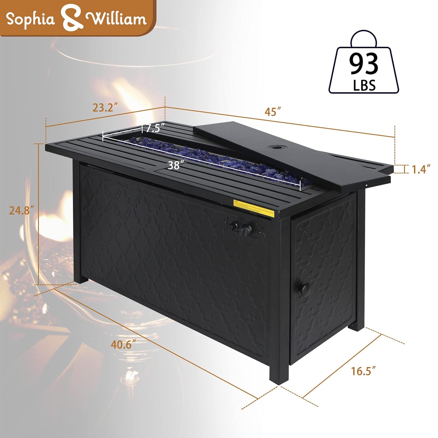 Sophia & William 56 Inch Gas Fire Pit Table,Rectangular Propane Fireplace | Outdoor Rattan Propane Fire Table with Fire Glass, Lid, 50,000 BTU Firepits for Outside Patio