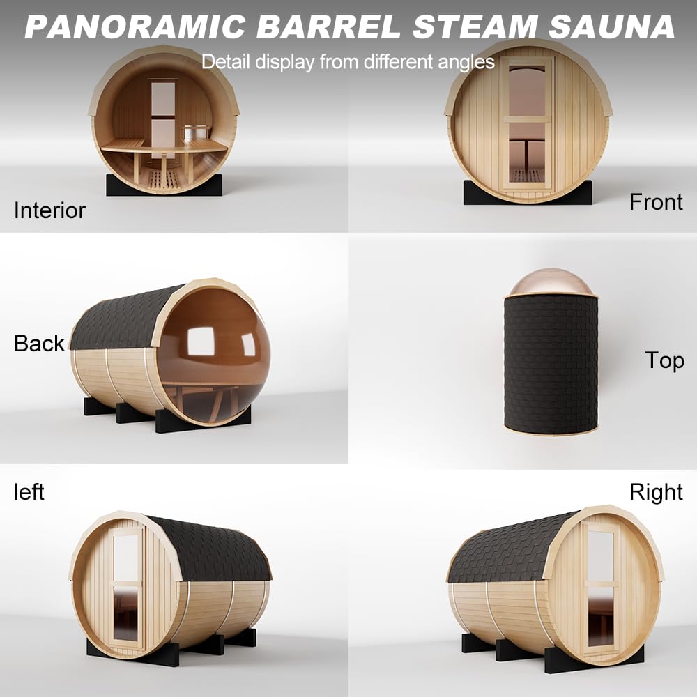 Outdoor Wooden Panoramic Barrel Sauna, 6-8 Person Sauna Room, 220V，6kw Toule Electric Heater with Sauna Stone, and Asphalt Shingle Roof (Red Ceder)