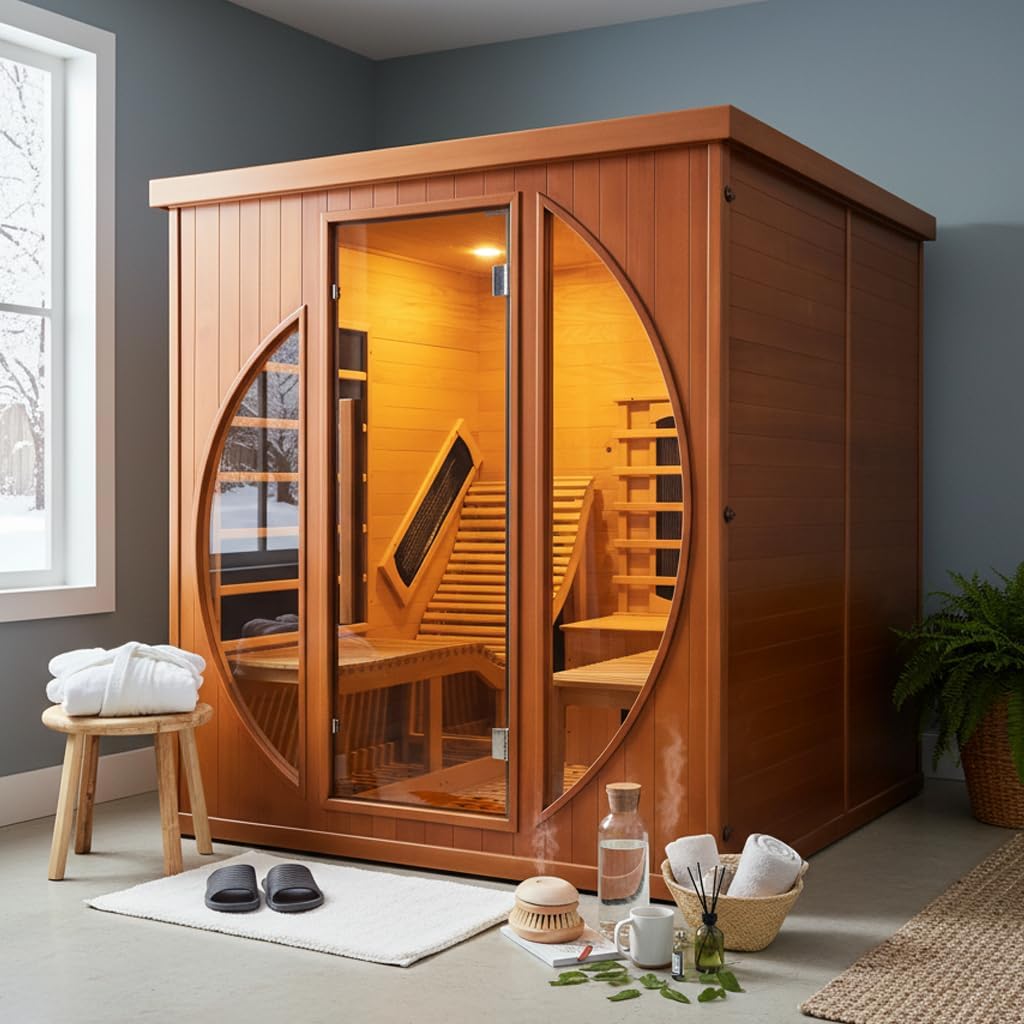2 Person Infrared Saunas for Home with Recliner, 220V Traditional Sauna for Indoor Use, Canadian Ceder, Full Spectrum Sauna with 9 Heating Panels (Cedar)