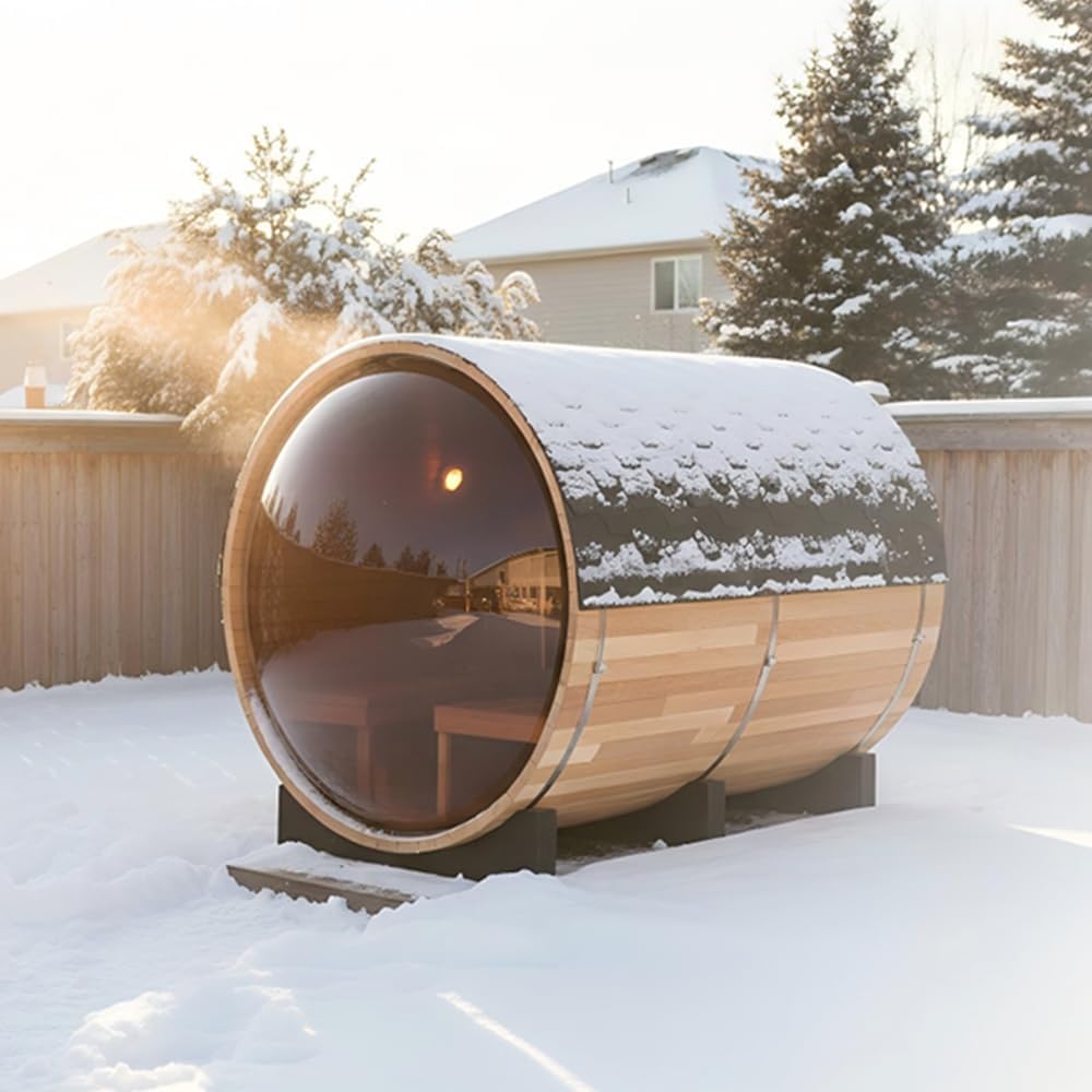 Outdoor Wooden Panoramic Barrel Sauna, 6-8 Person Sauna Room, 220V，6kw Toule Electric Heater with Sauna Stone, and Asphalt Shingle Roof (Red Ceder)