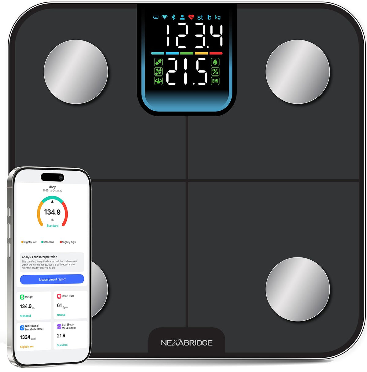 Smart Scale for Body Weight, BMI, Body Fat, Muscle Mass, 11" Large Digital Bathroom Scale, 12 Body Composition Analysis, Sync App, Bluetooth, LED Display, 400 lbs - Nexa 1 - Restful Hideout