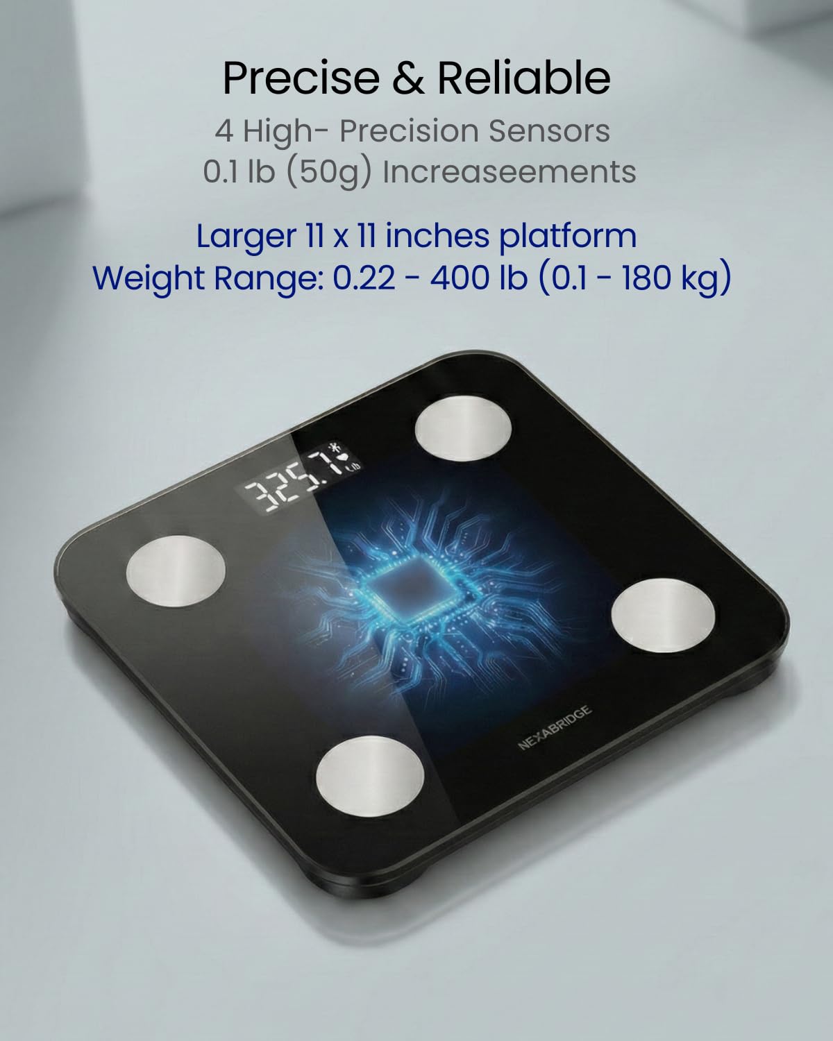 Smart Scale for Body Weight, BMI, Body Fat, Muscle Mass, 11" Large Digital Bathroom Scale, 12 Body Composition Analysis, Sync App, Bluetooth, LED Display, 400 lbs - Nexa 1