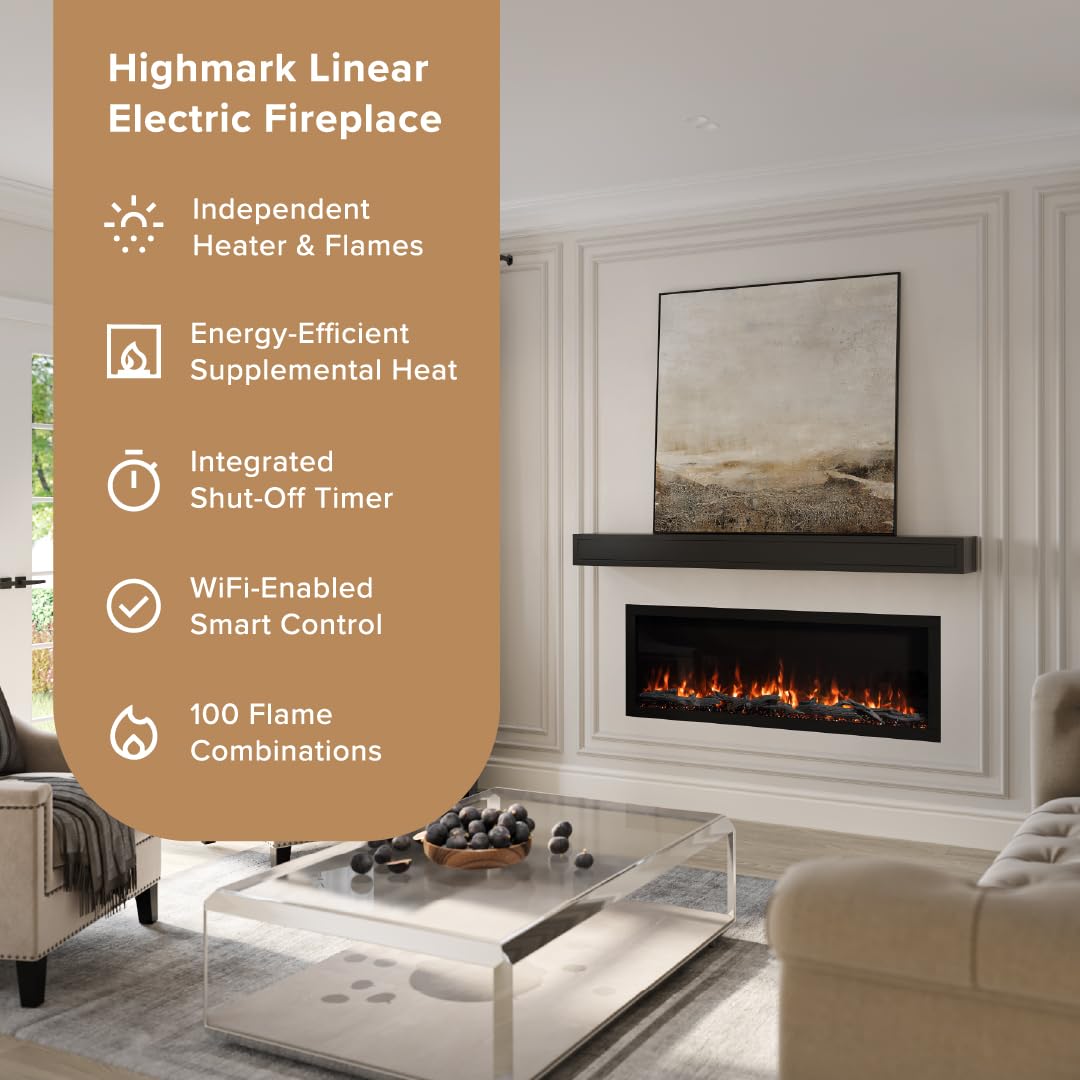 Highmark 72 Inch Smart Linear Electric Fireplace - Premium Flame with 10 Colors, Sleek Hidden Vent Design, Install Recessed in-Wall or Wall-Mount, WiFi Enabled.