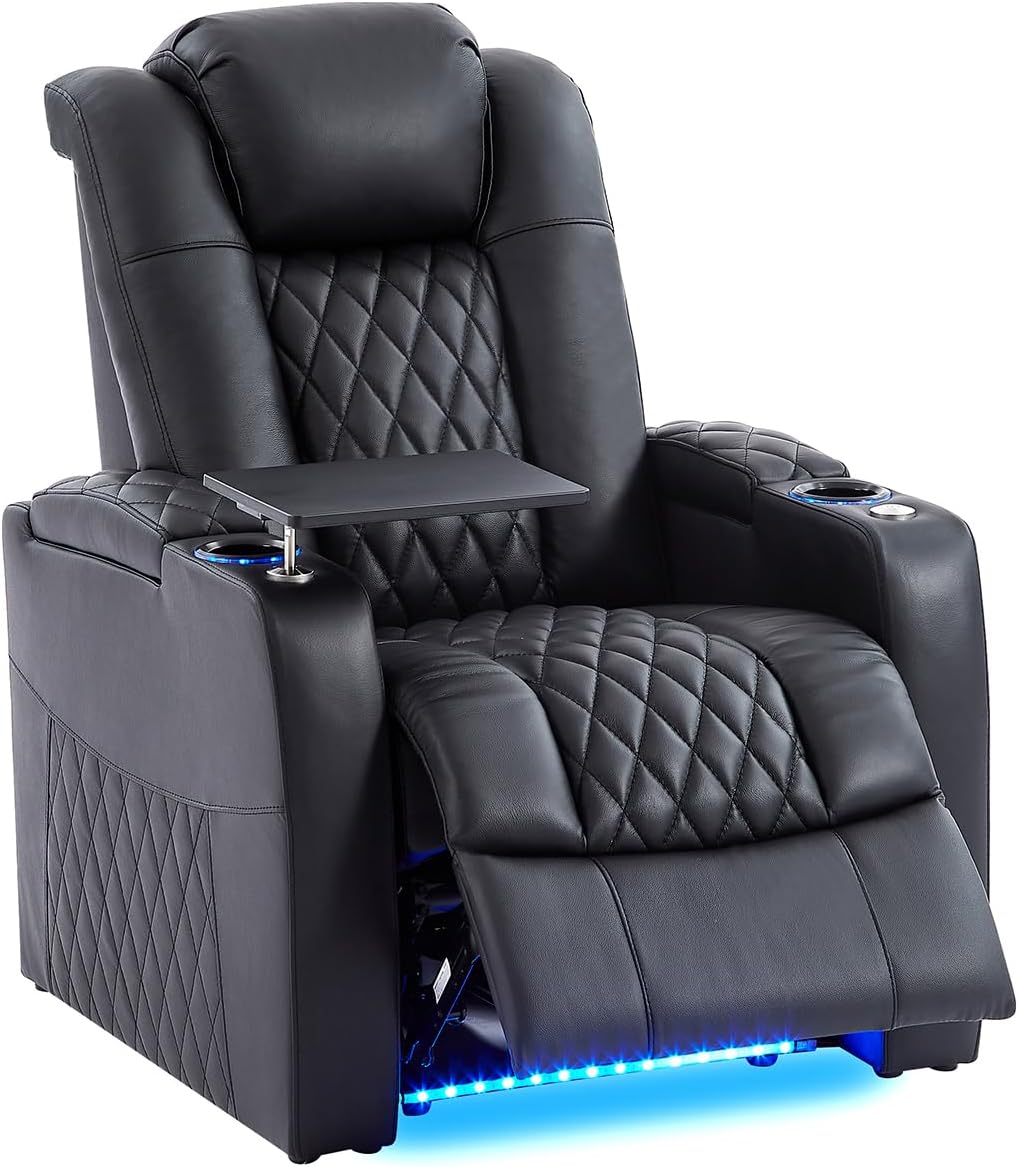 comfiroom Top-Grain Leather Home Theater Seating, Dual-Motor Power Recliner | Classic Series Black Zero Gravity Motorized Theater Chair with USB-C Charging, Adjustable Headrest, Tray Table, Row of 1