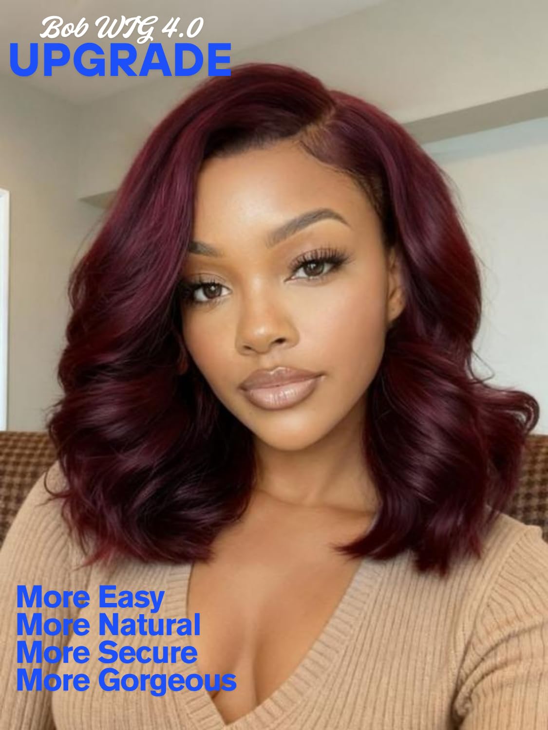 Nadula 13x4 HD Ombre Brown Wavy Bob Drawstring Wig Human Hair with Blonde Face Framing Layers Bangs,Pre Everything Glueless No Slip Wig Pre Plucked Ready to Wear Short Highlight Wavy Bob Wig 10inch
