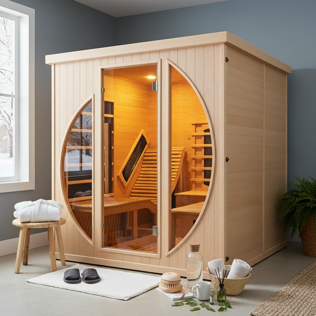 2 Person Infrared Saunas for Home with Recliner, 220V Traditional Sauna for Indoor Use, Canadian Ceder, Full Spectrum Sauna with 9 Heating Panels (Cedar)