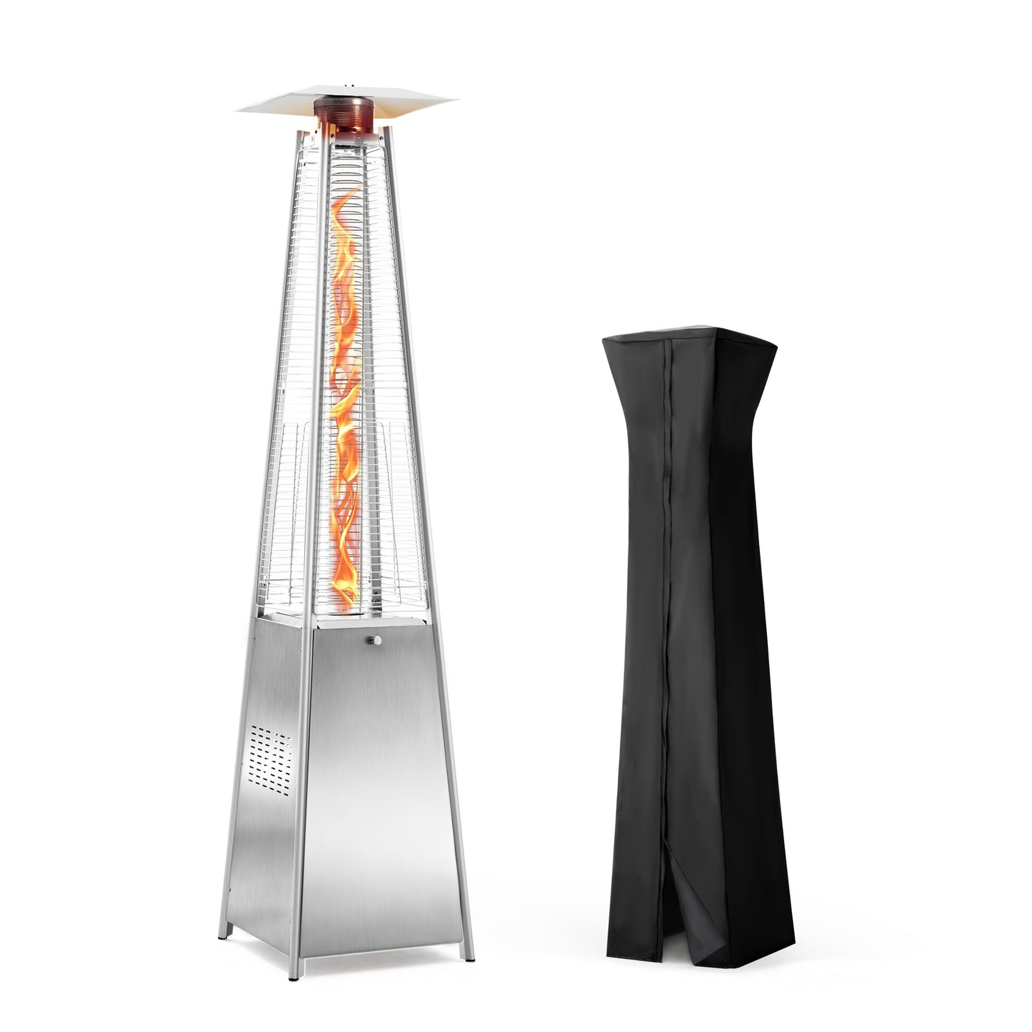 48,000 BTU Flame Pyramid Pool Heater With Cover, Triple Safety Protection Portable Patio Heater with Patio Cover, Warm Glass Tube with Durable Wheels-Black