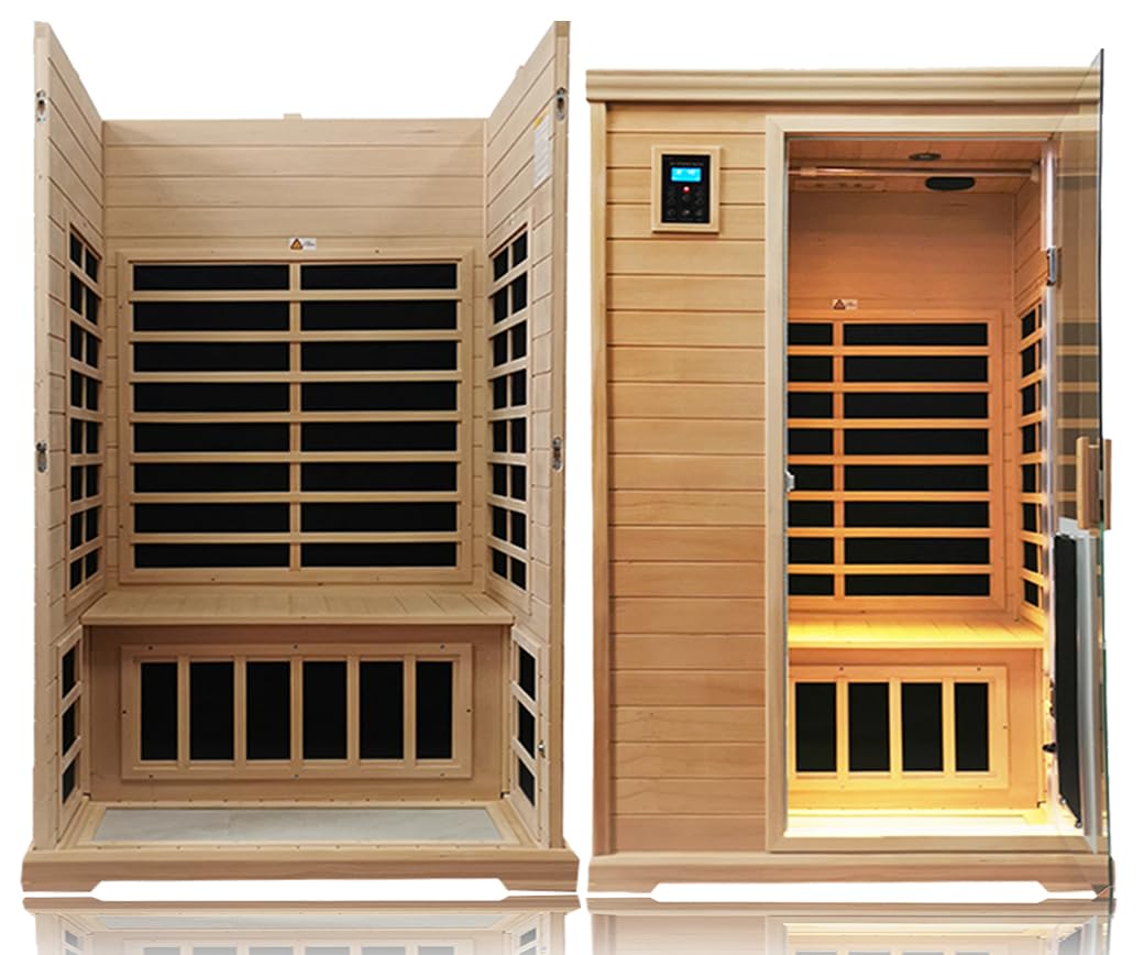 3 Person Infrared Sauna Ceramic Infrared Sauna w/Red Light Therapy | Far & Near Infrared Sauna Indoor, Low EMF Infrared Saunas for Home, Hemlock Deluxe Glass Home Sauna with Granite Backdrop