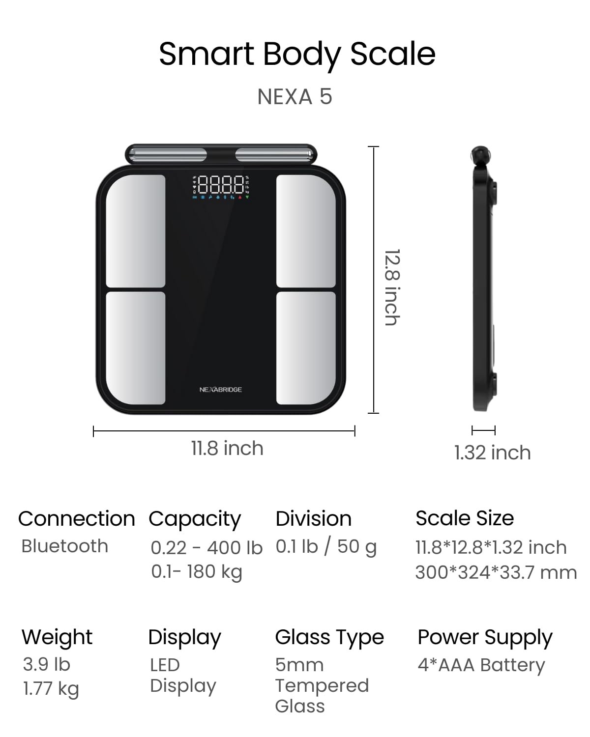 Smart Scale for Body Weight, BMI, Body Fat, Muscle Mass, 11" Large Digital Bathroom Scale, 12 Body Composition Analysis, Sync App, Bluetooth, LED Display, 400 lbs - Nexa 1