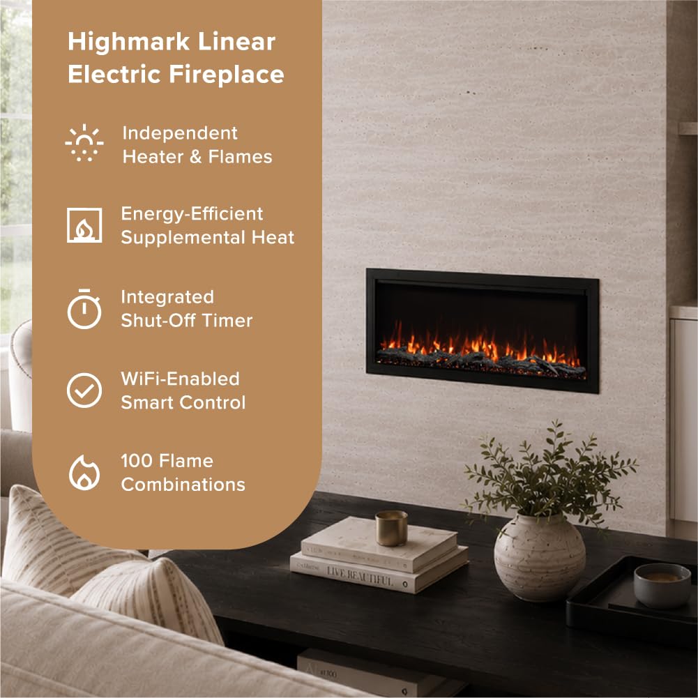 Highmark 72 Inch Smart Linear Electric Fireplace - Premium Flame with 10 Colors, Sleek Hidden Vent Design, Install Recessed in-Wall or Wall-Mount, WiFi Enabled.