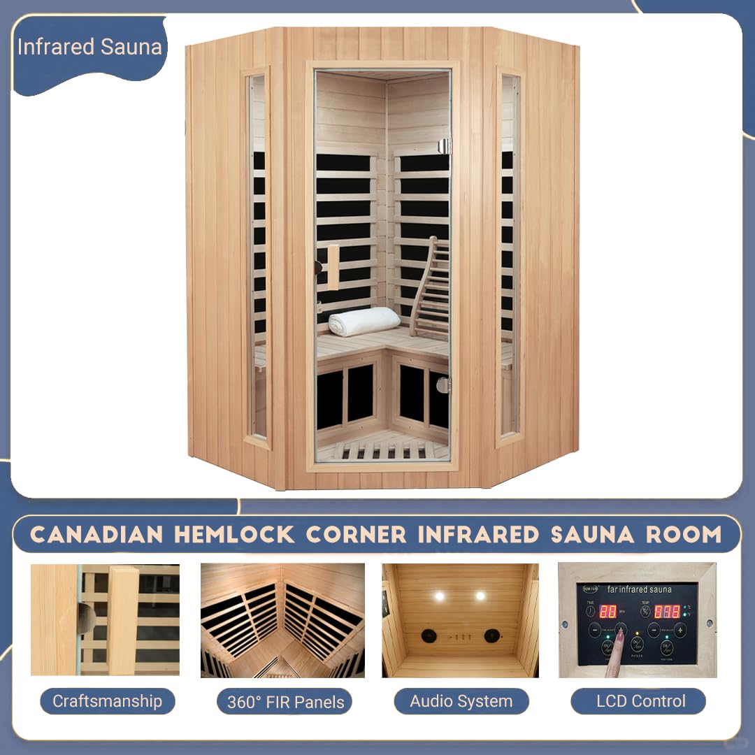 3 Person Infrared Sauna Ceramic Infrared Sauna w/Red Light Therapy | Far & Near Infrared Sauna Indoor, Low EMF Infrared Saunas for Home, Hemlock Deluxe Glass Home Sauna with Granite Backdrop