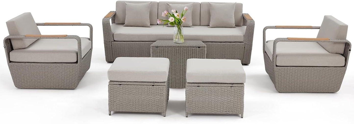 Patio Furniture Set, Oversized 7-Seat Outdoor Sectional with Ottoman and Coffee Table, Wicker Rattan Patio Sofa Set with 5" Thick Removable Cushions for Garden, Porch, Backyard, Light Gray