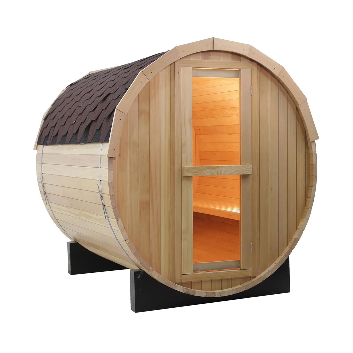 Outdoor Barrel Steam Sauna, 6-8 Person Canadian Hemlock Traditional Wooden Steam Saunas with 220V/6KW Toule Electric Stove, Tempered Glass Sauna Kits for Backyard & Garden (0-195℉)