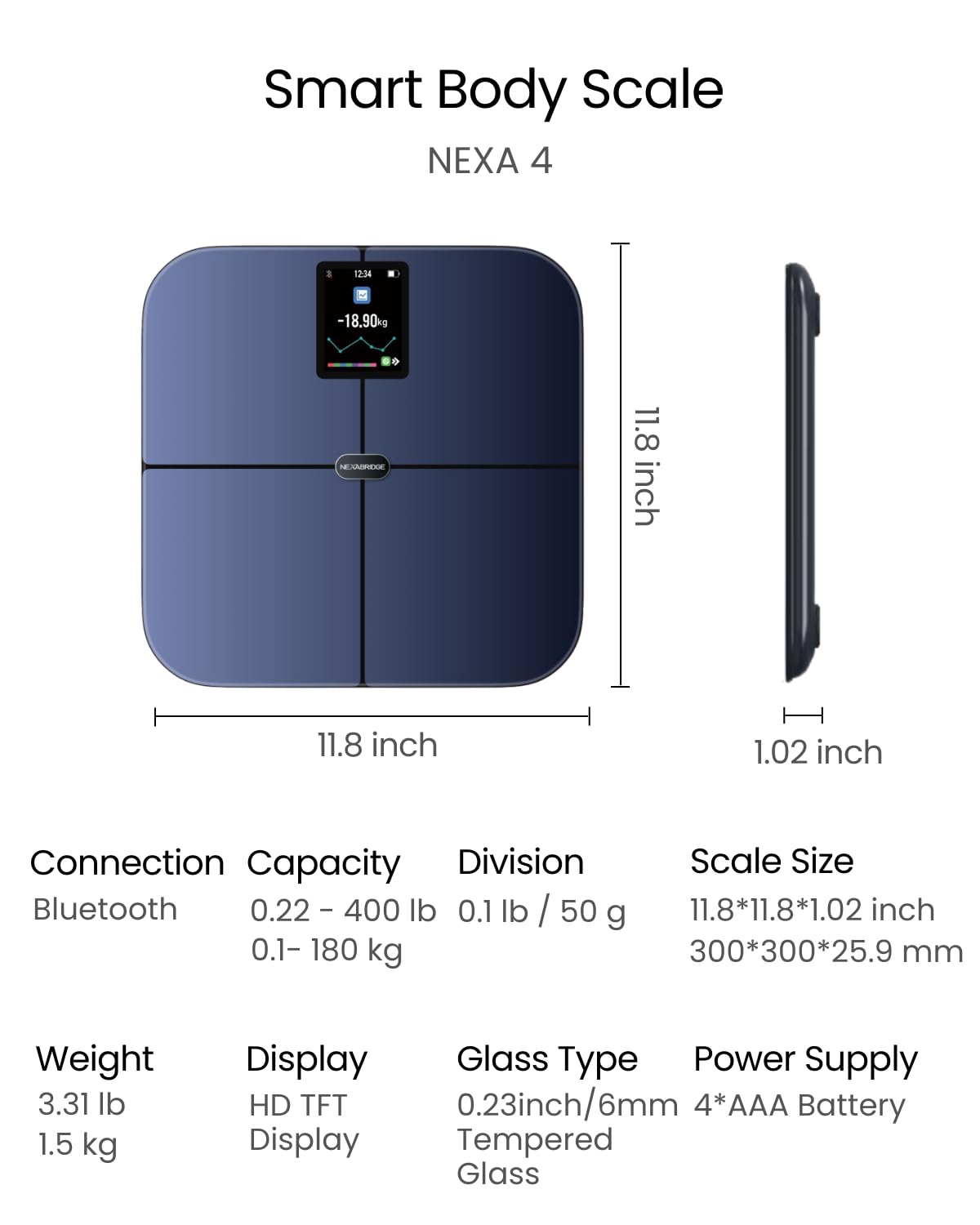 Smart Scale for Body Weight, BMI, Body Fat, Muscle Mass, 11" Large Digital Bathroom Scale, 12 Body Composition Analysis, Sync App, Bluetooth, LED Display, 400 lbs - Nexa 1 - Restful Hideout