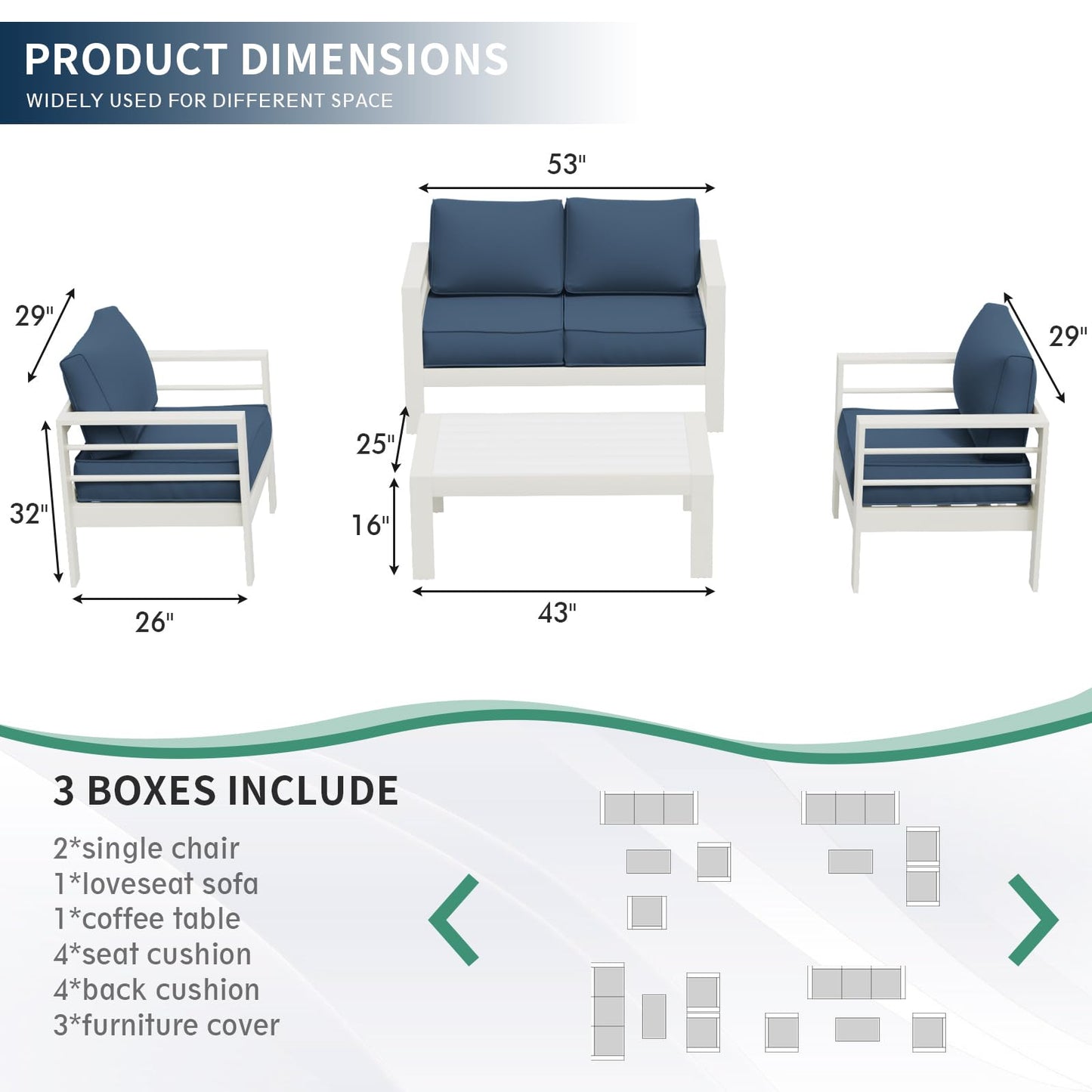 Amopatio Aluminum Patio Furniture Set, 6 Pieces Modern Outdoor Furniture | Outdoor Sectional with Coffee Table, Included Waterproof Covers, for Balcony, Garden, White&Blue