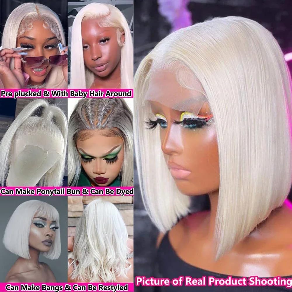 Ash Blonde Wig Human Hair 13x4 Glueless Lace Front Bob Wig 12" | 220% Density Double Drawn 15A Remy Brazilian Human Hair Wig Soft & Full Wear Go HD Pre cut Lace Pre plucked Natural Hairline