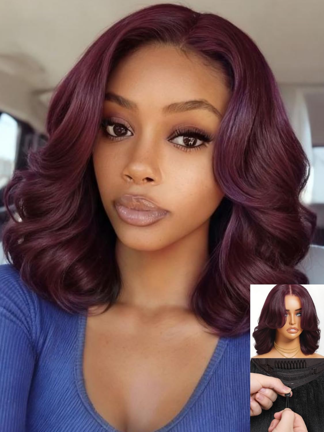 Nadula 13x4 HD Ombre Brown Wavy Bob Drawstring Wig Human Hair with Blonde Face Framing Layers Bangs,Pre Everything Glueless No Slip Wig Pre Plucked Ready to Wear Short Highlight Wavy Bob Wig 10inch