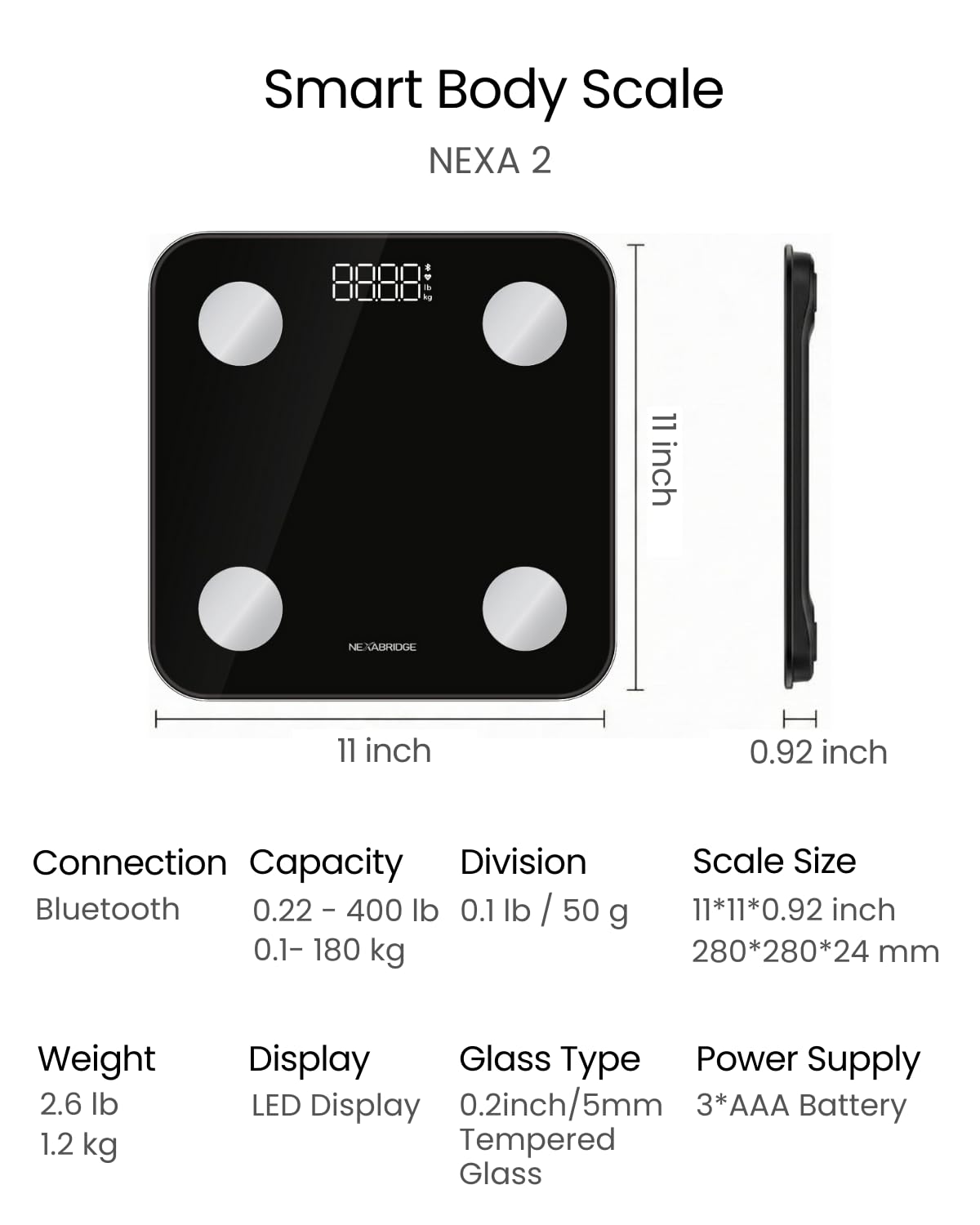 Smart Scale for Body Weight, BMI, Body Fat, Muscle Mass, 11" Large Digital Bathroom Scale, 12 Body Composition Analysis, Sync App, Bluetooth, LED Display, 400 lbs - Nexa 1