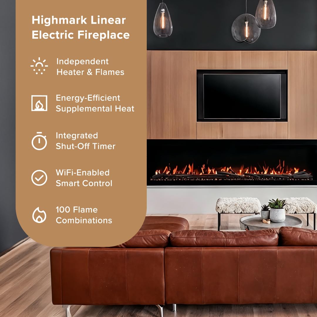 Highmark 72 Inch Smart Linear Electric Fireplace - Premium Flame with 10 Colors, Sleek Hidden Vent Design, Install Recessed in-Wall or Wall-Mount, WiFi Enabled.