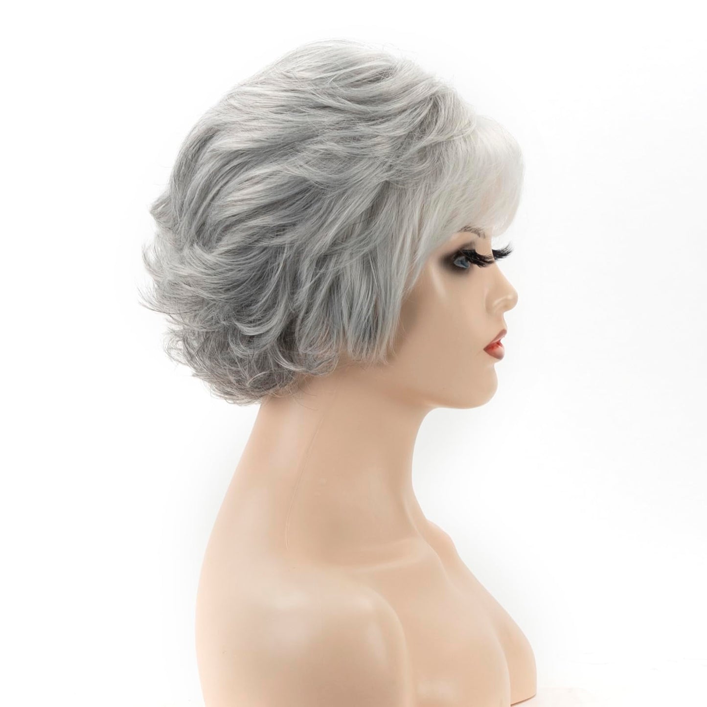 TISHINING Short Grey Curly Wigs for White Women Layered Silver Gray Pixie Cut Synthetic Full Wig with Bangs Natural Looking Daily Party Wigs for Older Women