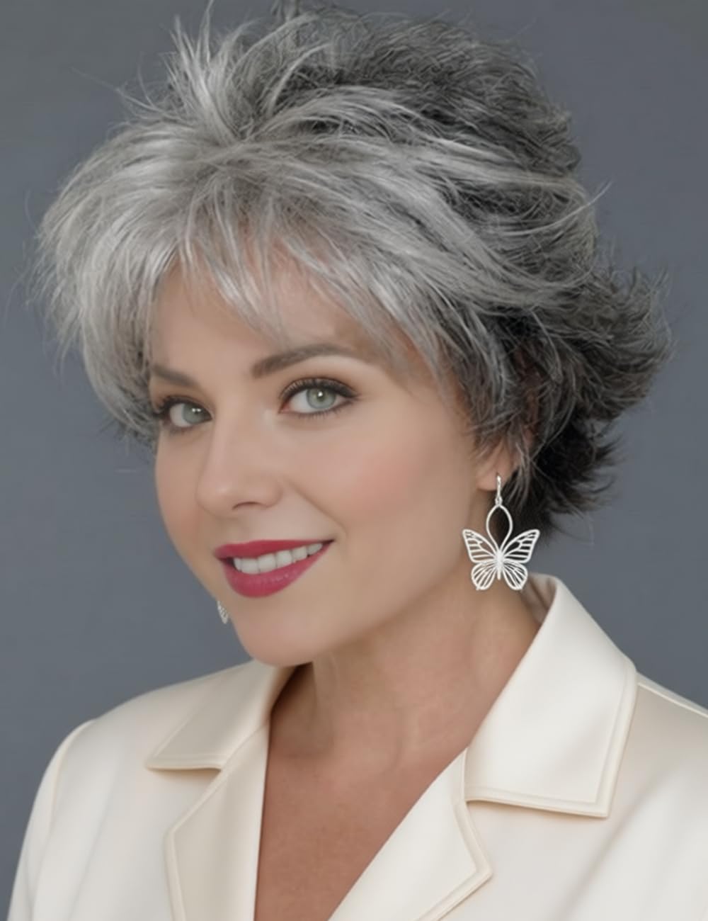TISHINING Short Grey Curly Wigs for White Women Layered Silver Gray Pixie Cut Synthetic Full Wig with Bangs Natural Looking Daily Party Wigs for Older Women
