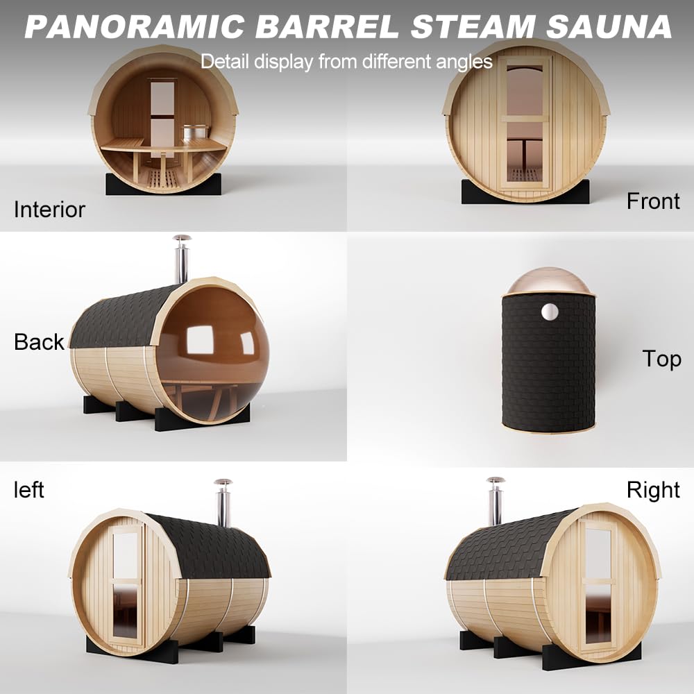 Outdoor Wooden Panoramic Barrel Sauna, 6-8 Person Sauna Room, 220V，6kw Toule Electric Heater with Sauna Stone, and Asphalt Shingle Roof (Red Ceder)