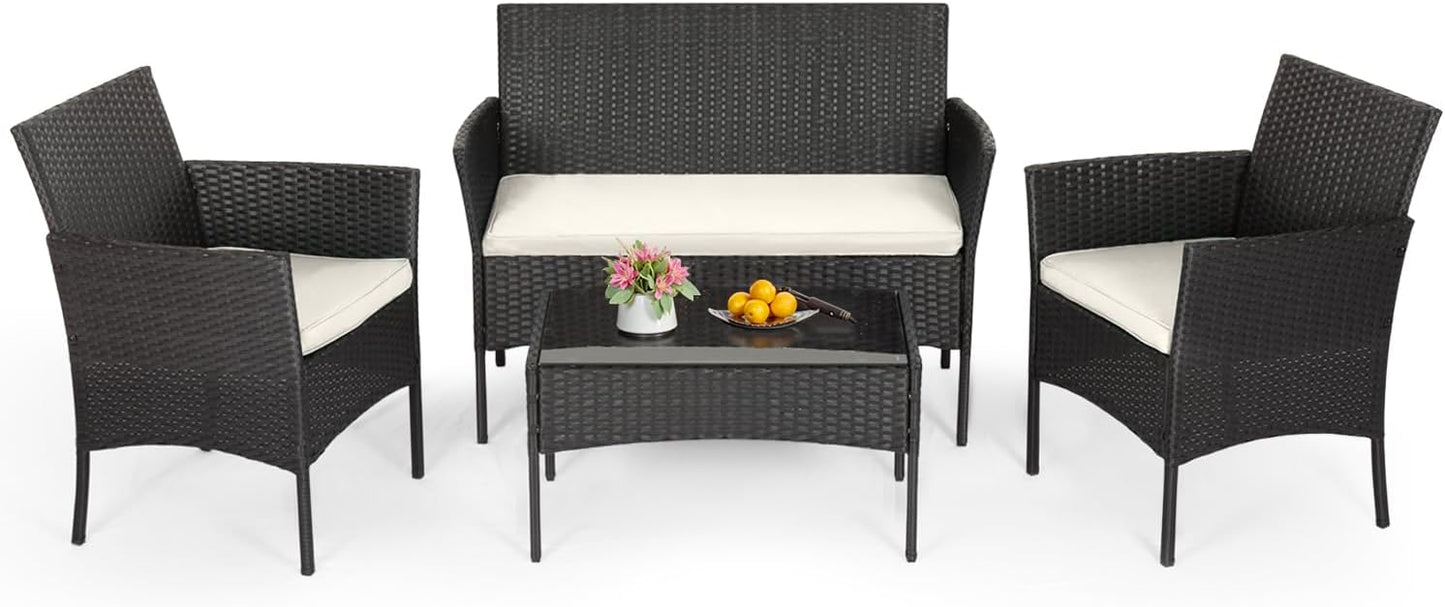 FDW 4-Piece Patio Furniture Set | Black | Outdoor Wicker Furniture | with Coffee Table | Modern Rattan Chairs Conversation Set | Outdoor Seating | Weather-Resistant | for Porch, Garden, Lawn