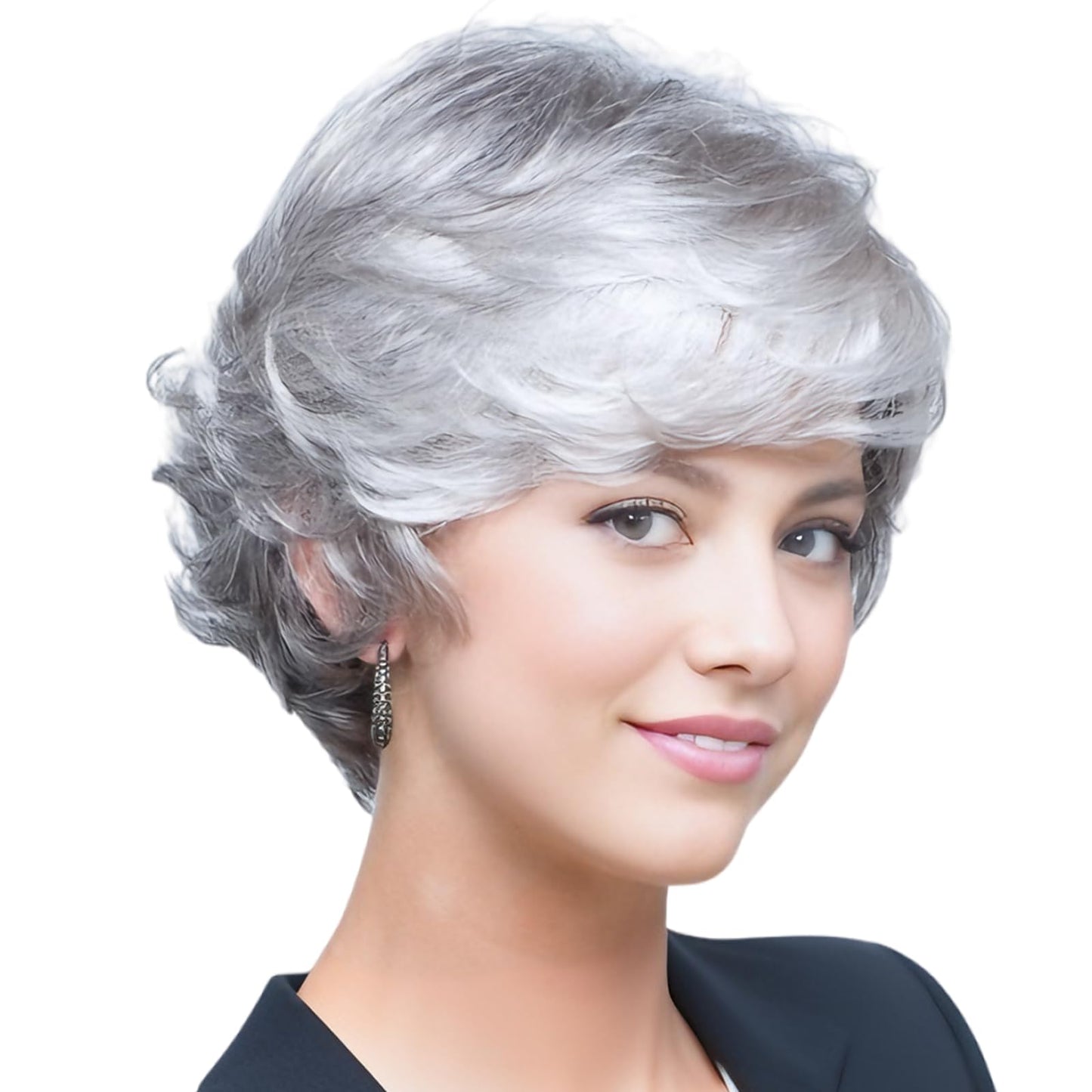 TISHINING Short Grey Curly Wigs for White Women Layered Silver Gray Pixie Cut Synthetic Full Wig with Bangs Natural Looking Daily Party Wigs for Older Women