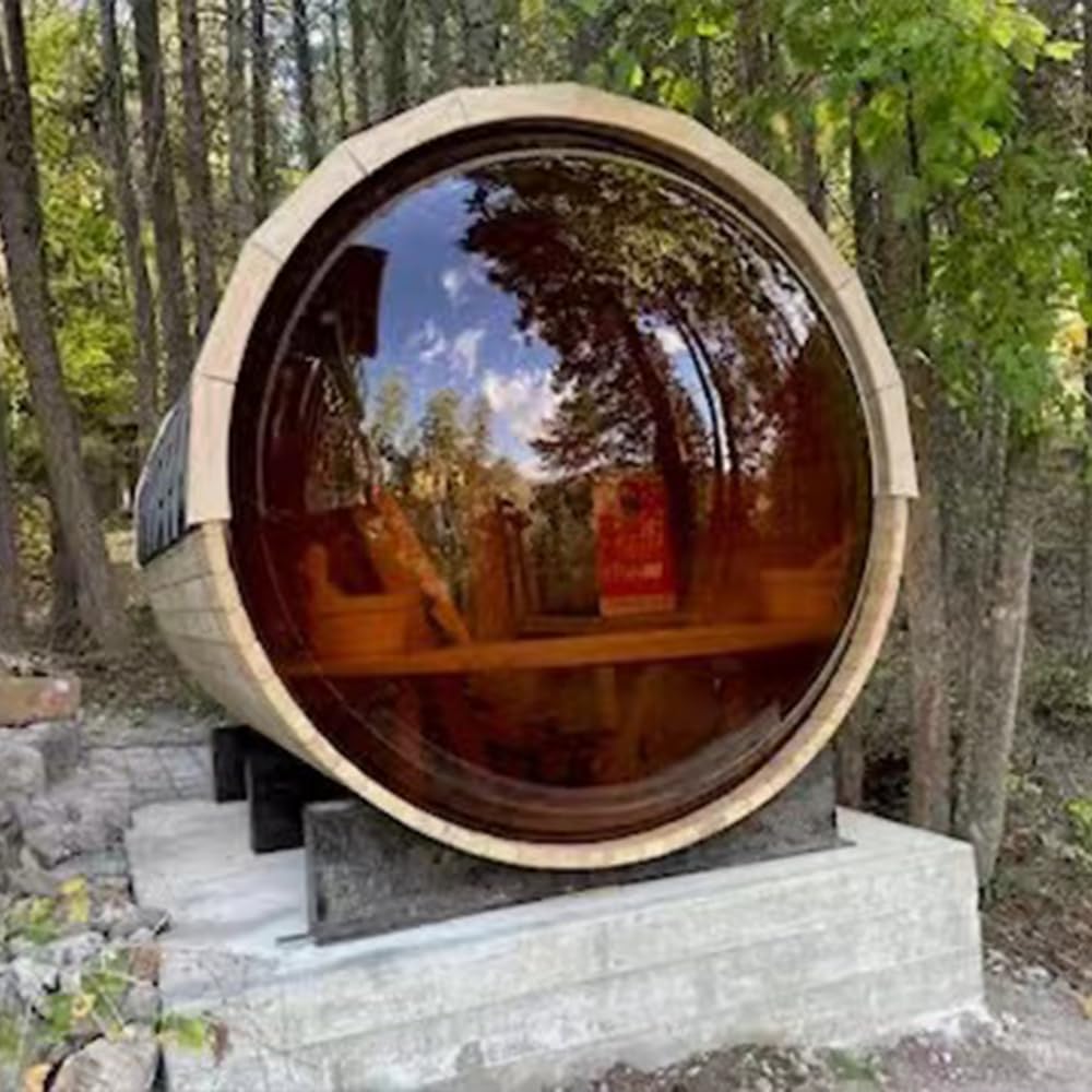 Outdoor Wooden Panoramic Barrel Sauna, 6-8 Person Sauna Room, 220V，6kw Toule Electric Heater with Sauna Stone, and Asphalt Shingle Roof (Red Ceder)