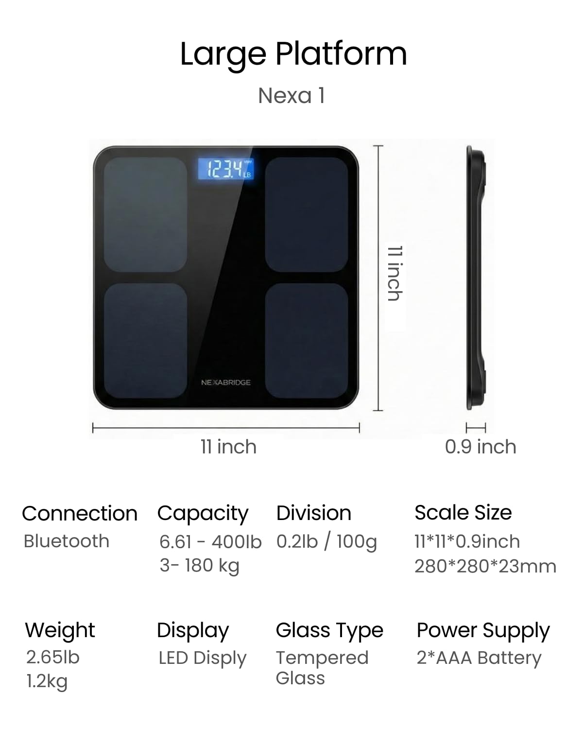 Smart Scale for Body Weight, BMI, Body Fat, Muscle Mass, 11" Large Digital Bathroom Scale, 12 Body Composition Analysis, Sync App, Bluetooth, LED Display, 400 lbs - Nexa 1 - Restful Hideout