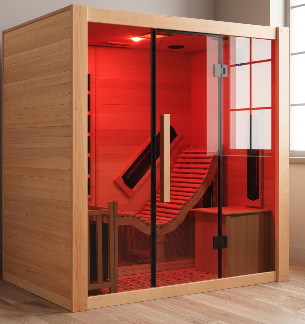 2 Person Infrared Saunas for Home with Recliner, 220V Traditional Sauna for Indoor Use, Canadian Ceder, Full Spectrum Sauna with 9 Heating Panels (Cedar)