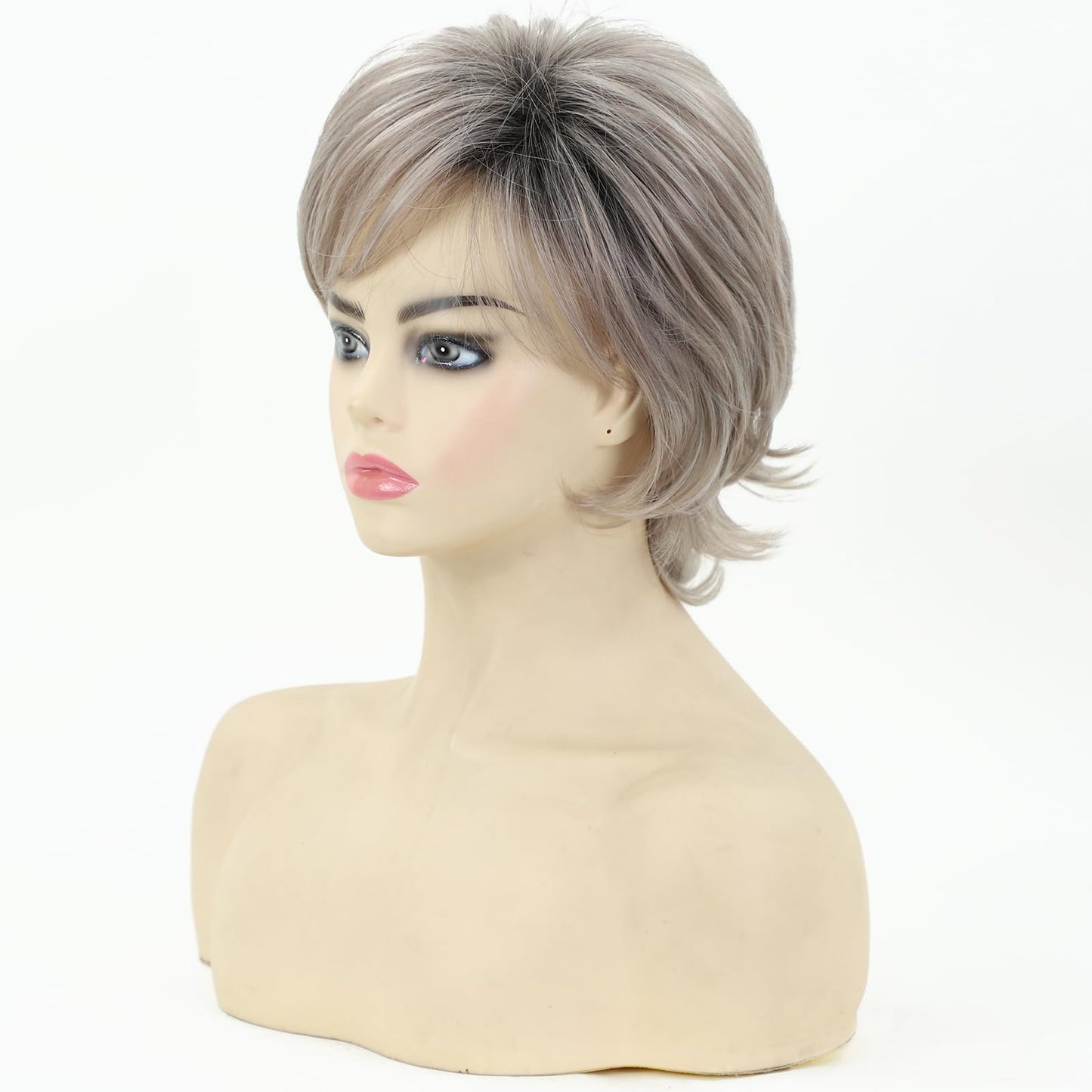 TISHINING Short Grey Curly Wigs for White Women Layered Silver Gray Pixie Cut Synthetic Full Wig with Bangs Natural Looking Daily Party Wigs for Older Women