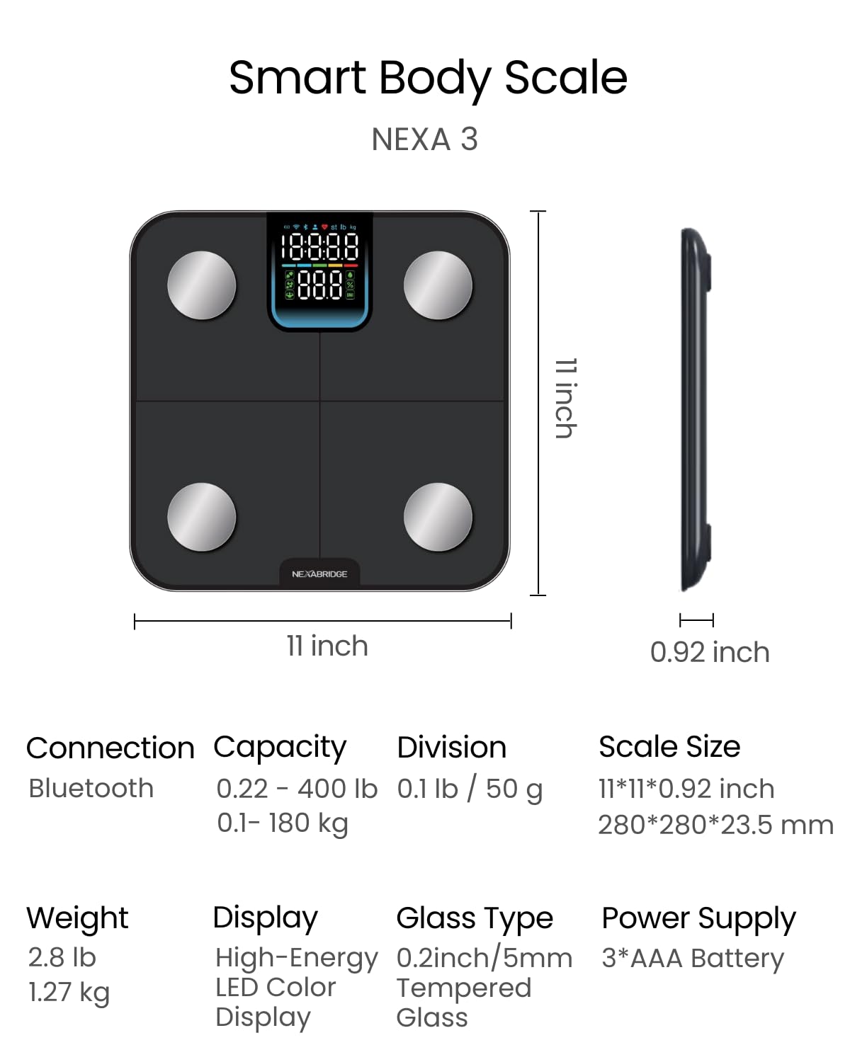 Smart Scale for Body Weight, BMI, Body Fat, Muscle Mass, 11" Large Digital Bathroom Scale, 12 Body Composition Analysis, Sync App, Bluetooth, LED Display, 400 lbs - Nexa 1 - Restful Hideout