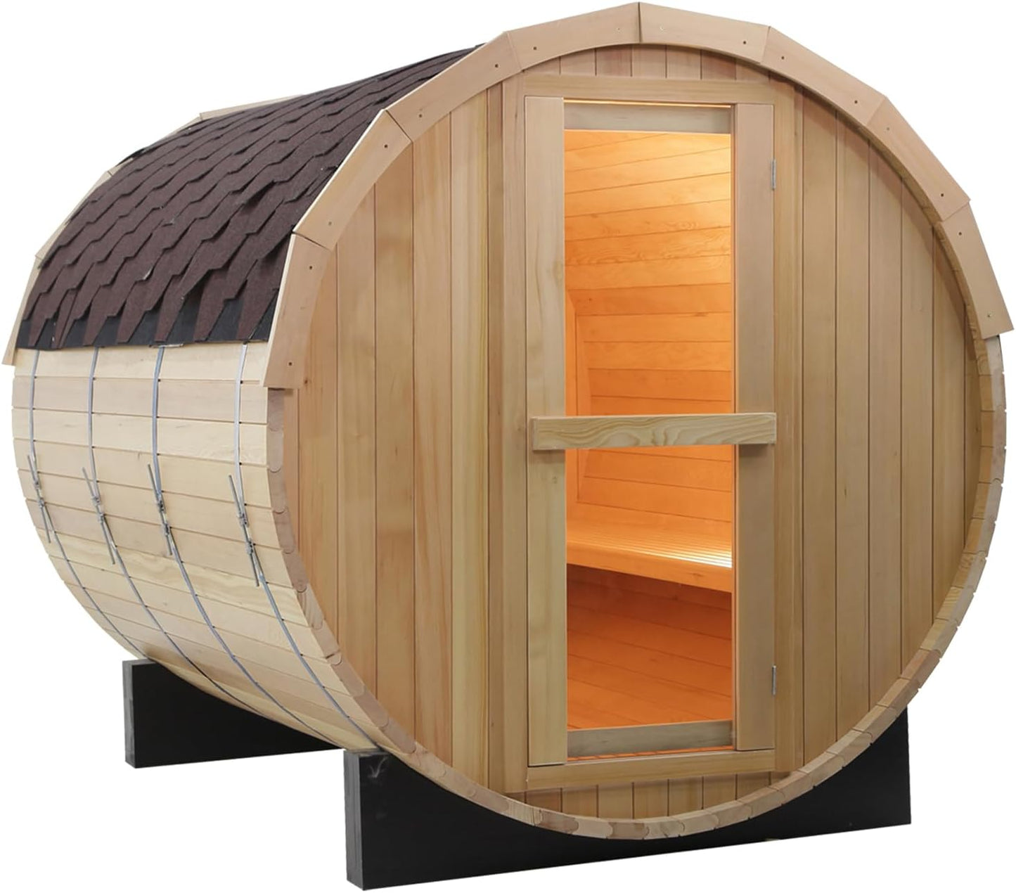 Outdoor Barrel Steam Sauna, 6-8 Person Canadian Hemlock Traditional Wooden Steam Saunas with 220V/6KW Toule Electric Stove, Tempered Glass Sauna Kits for Backyard & Garden (0-195℉)