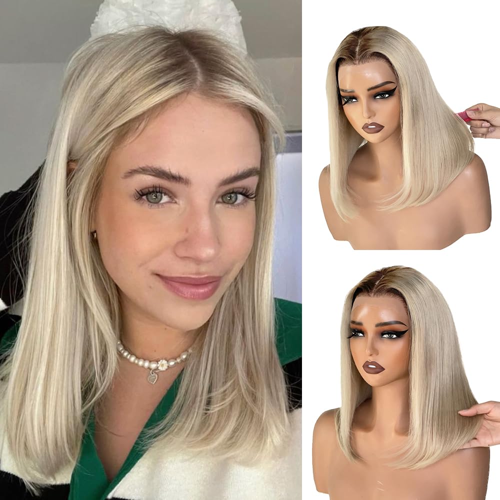 Ash Blonde Wig Human Hair 13x4 Glueless Lace Front Bob Wig 12" | 220% Density Double Drawn 15A Remy Brazilian Human Hair Wig Soft & Full Wear Go HD Pre cut Lace Pre plucked Natural Hairline