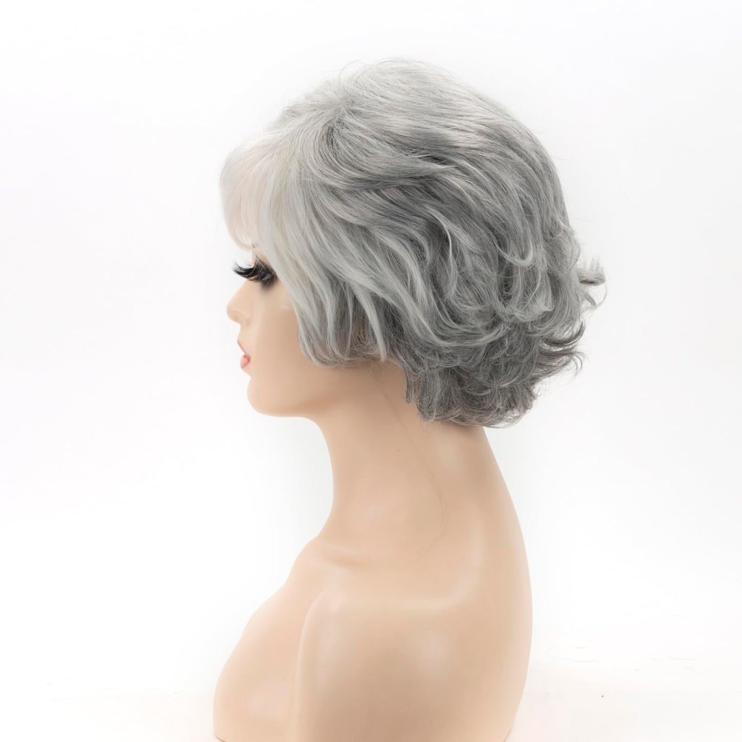 TISHINING Short Grey Curly Wigs for White Women Layered Silver Gray Pixie Cut Synthetic Full Wig with Bangs Natural Looking Daily Party Wigs for Older Women