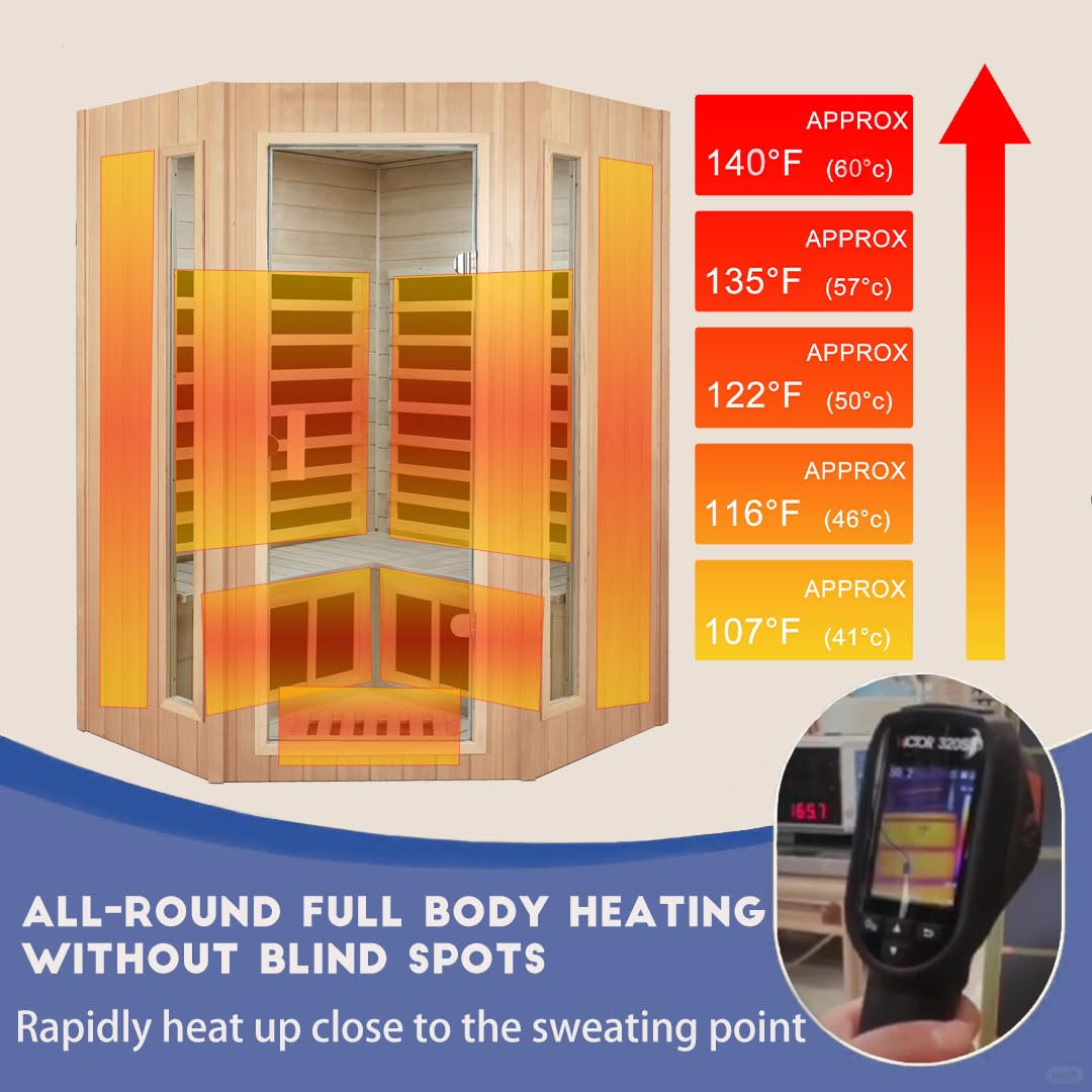 3 Person Infrared Sauna Ceramic Infrared Sauna w/Red Light Therapy | Far & Near Infrared Sauna Indoor, Low EMF Infrared Saunas for Home, Hemlock Deluxe Glass Home Sauna with Granite Backdrop