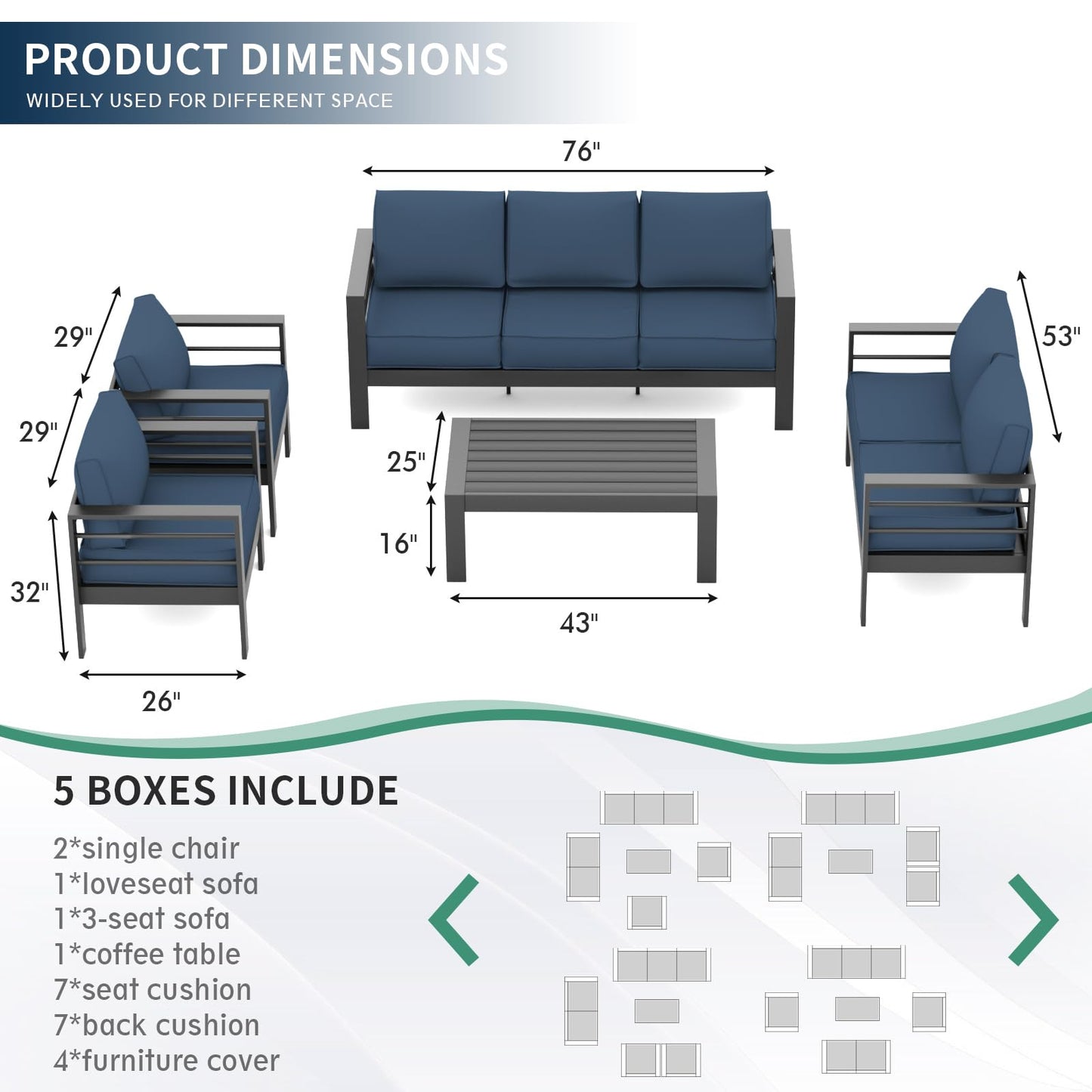 Amopatio Aluminum Patio Furniture Set, 6 Pieces Modern Outdoor Furniture | Outdoor Sectional with Coffee Table, Included Waterproof Covers, for Balcony, Garden, White&Blue