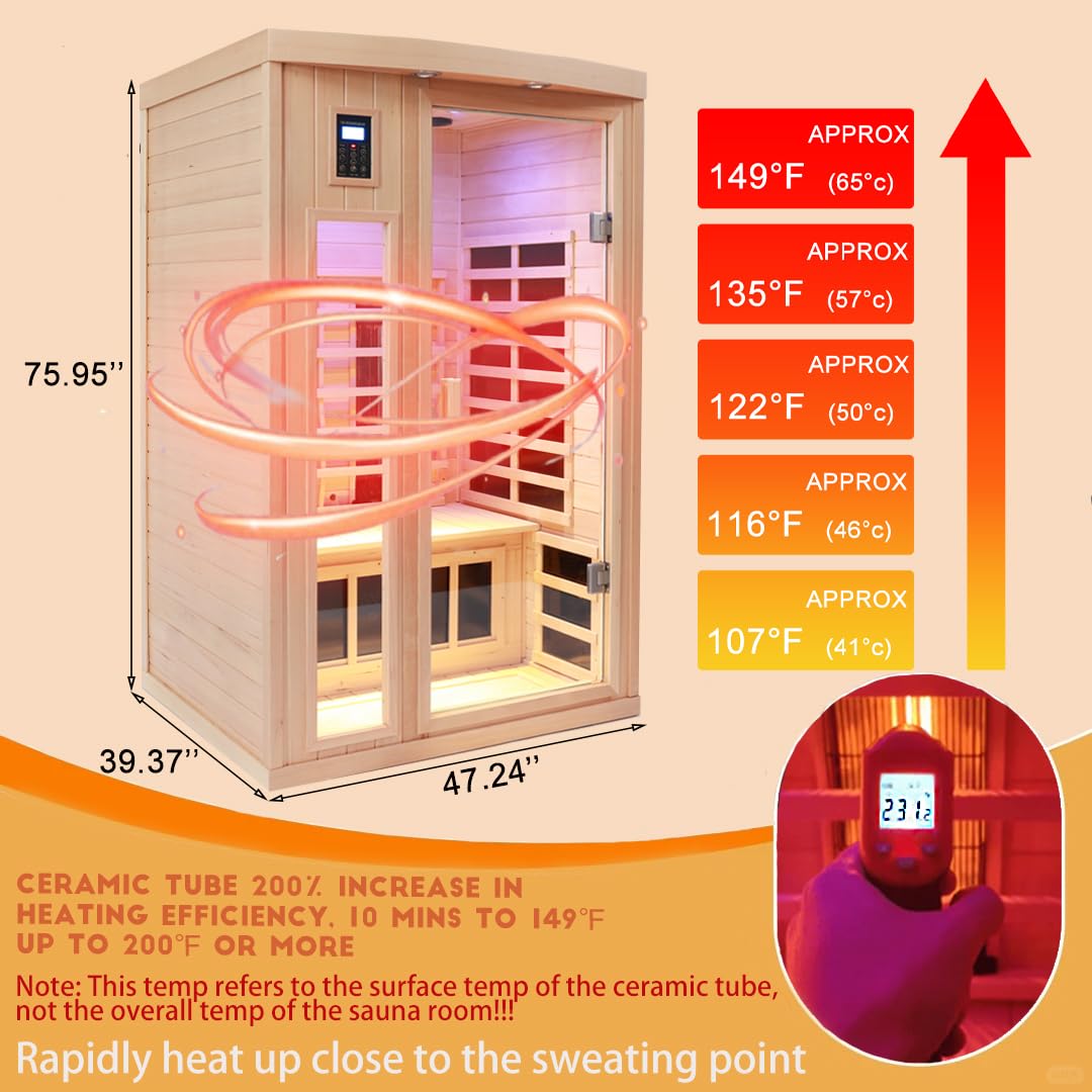 3 Person Infrared Sauna Ceramic Infrared Sauna w/Red Light Therapy | Far & Near Infrared Sauna Indoor, Low EMF Infrared Saunas for Home, Hemlock Deluxe Glass Home Sauna with Granite Backdrop