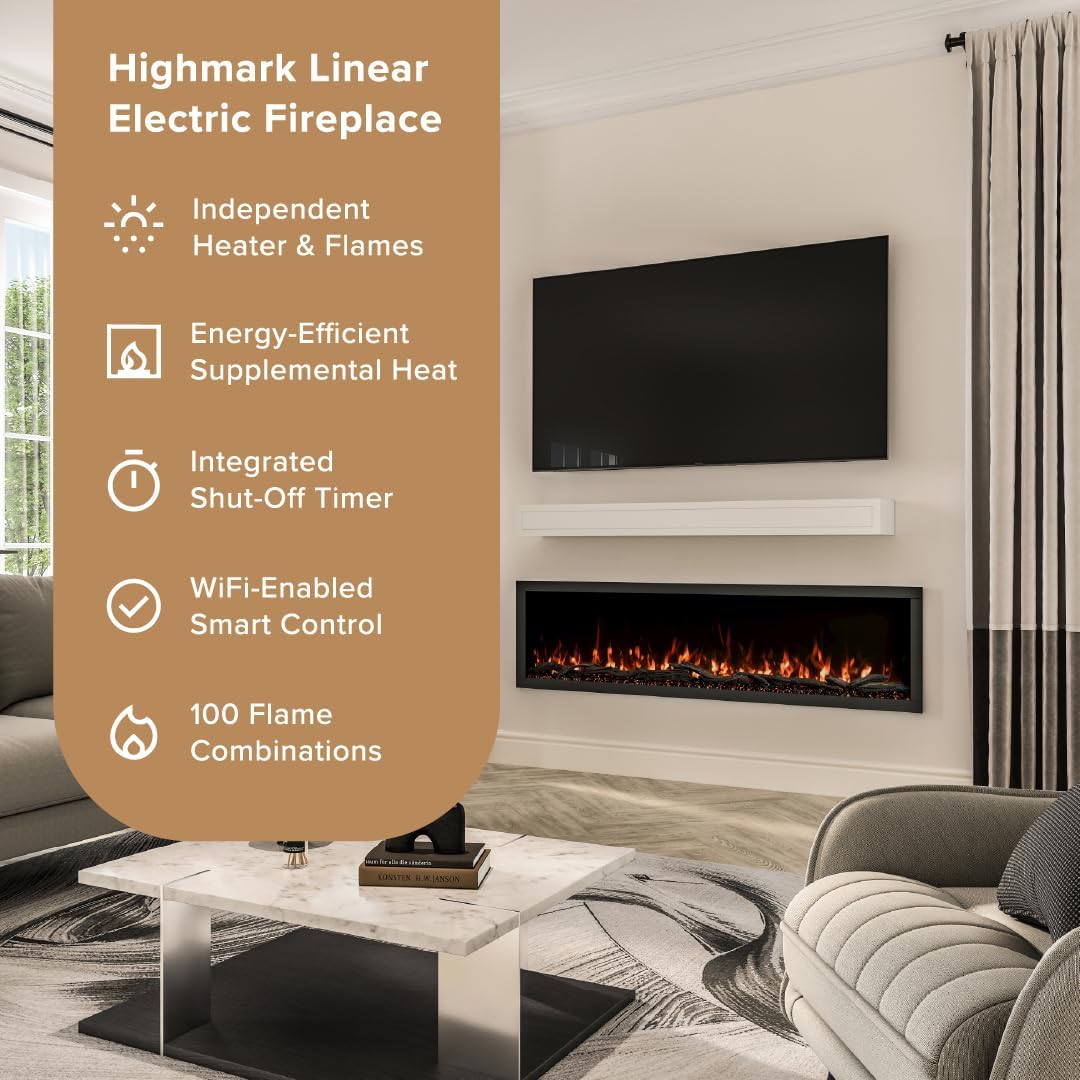 Highmark 72 Inch Smart Linear Electric Fireplace - Premium Flame with 10 Colors, Sleek Hidden Vent Design, Install Recessed in-Wall or Wall-Mount, WiFi Enabled.