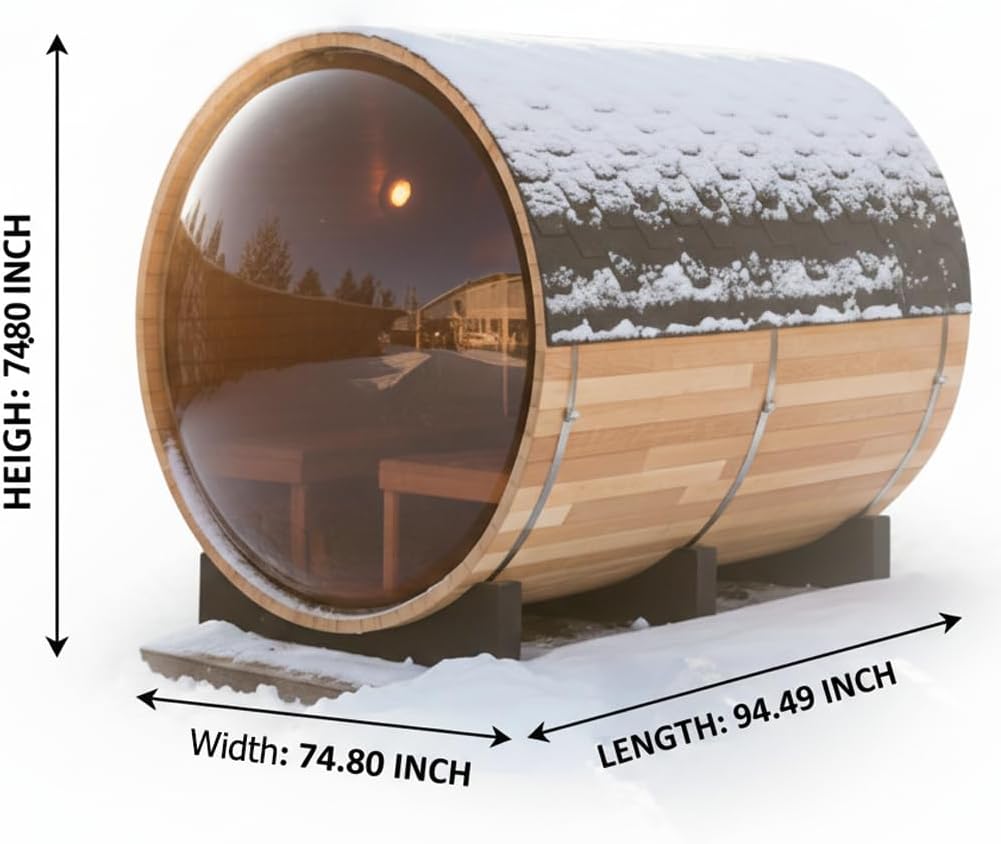 Outdoor Wooden Panoramic Barrel Sauna, 6-8 Person Sauna Room, 220V，6kw Toule Electric Heater with Sauna Stone, and Asphalt Shingle Roof (Red Ceder)