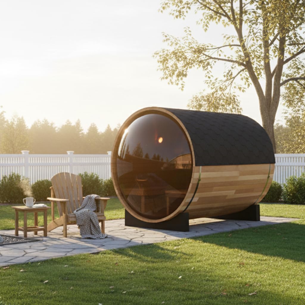 Outdoor Wooden Panoramic Barrel Sauna, 6-8 Person Sauna Room, 220V，6kw Toule Electric Heater with Sauna Stone, and Asphalt Shingle Roof (Red Ceder)
