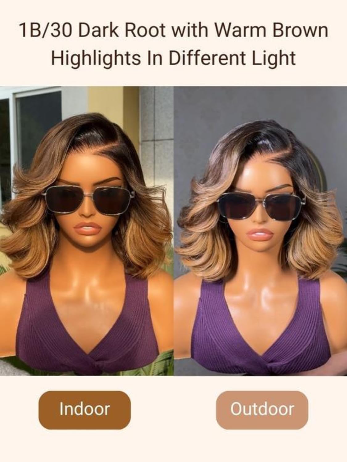 Nadula 13x4 HD Ombre Brown Wavy Bob Drawstring Wig Human Hair with Blonde Face Framing Layers Bangs,Pre Everything Glueless No Slip Wig Pre Plucked Ready to Wear Short Highlight Wavy Bob Wig 10inch