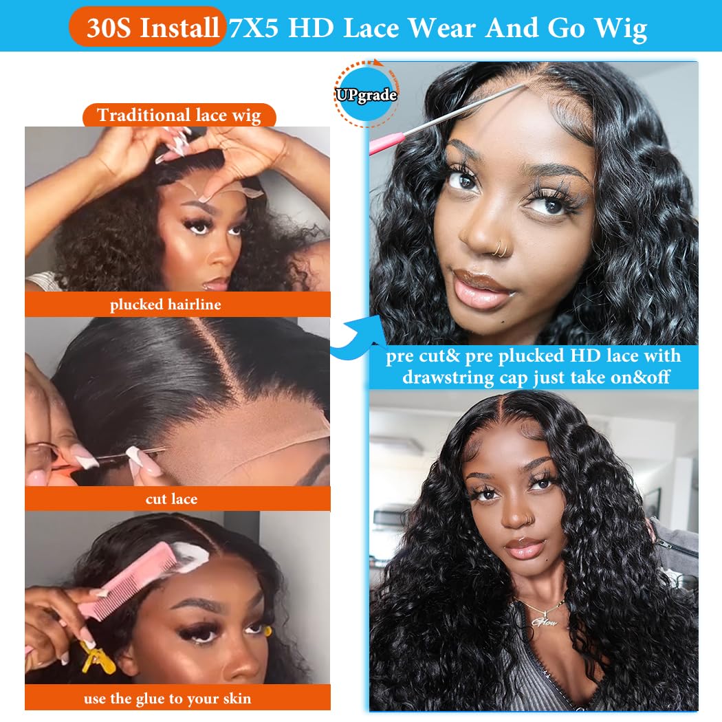 7X5 Deep Wave Wear And Go Glueless Wigs Human Hair Pre Plucked Pre Cut Hd Lace 210 Density Deep Wave Lace Front Wigs Human Hair 26 Inch Drawstring Curly Human Hair Wig For Women Beginner Friendly
