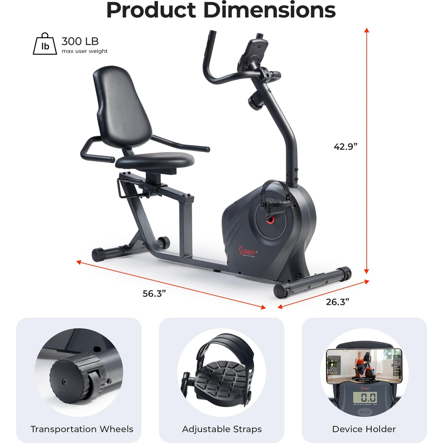 Sunny Health & Fitness Smart Recumbent Bike, Wide Cushioned Seat & Back, Indoor Cycling Machine for Adult/Seniors Home Exercise, Free SunnyFit App Connection